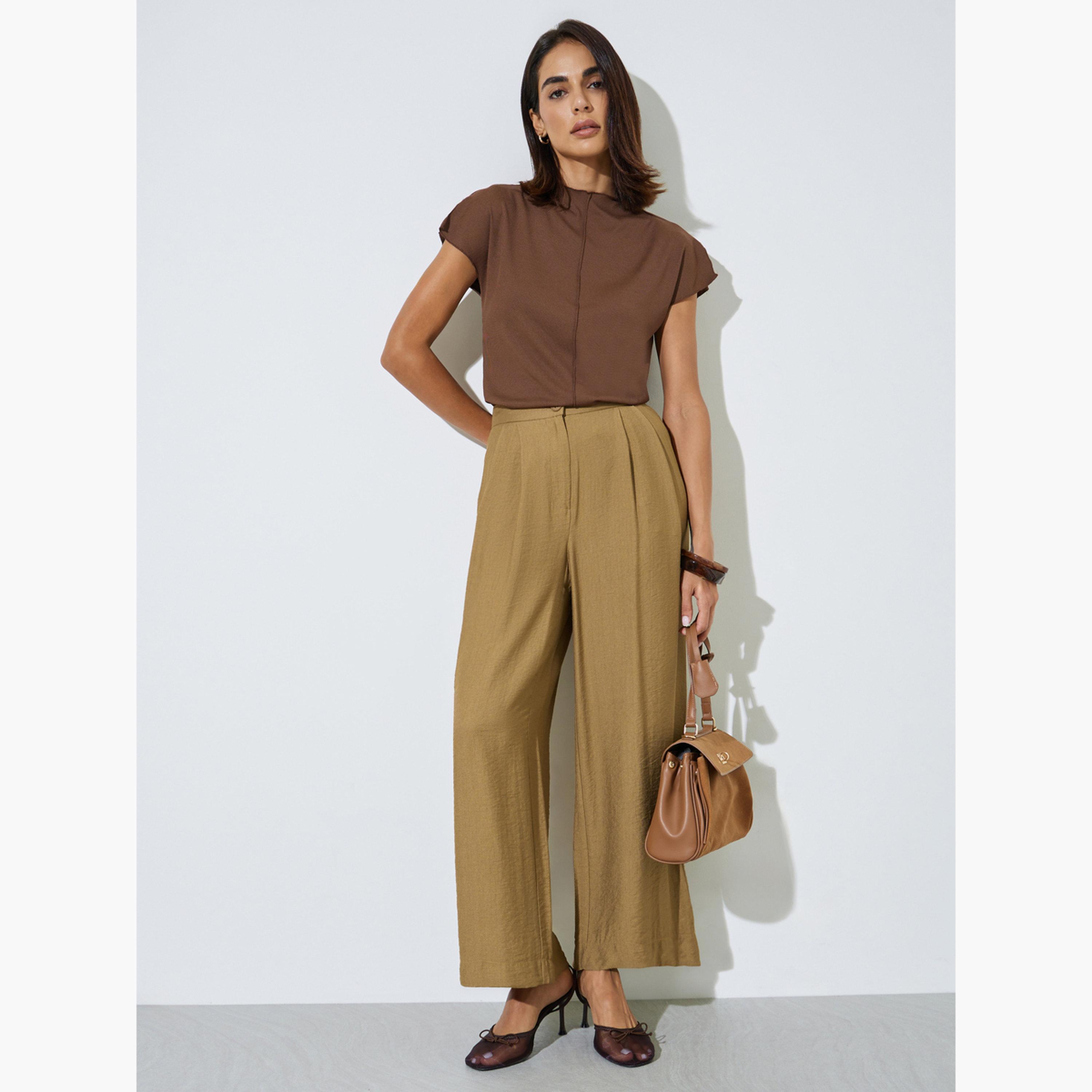 Styli Brown Wide Leg Pleated Trousers with Side Pocket-women-clothing-bottoms-joggers-image-3