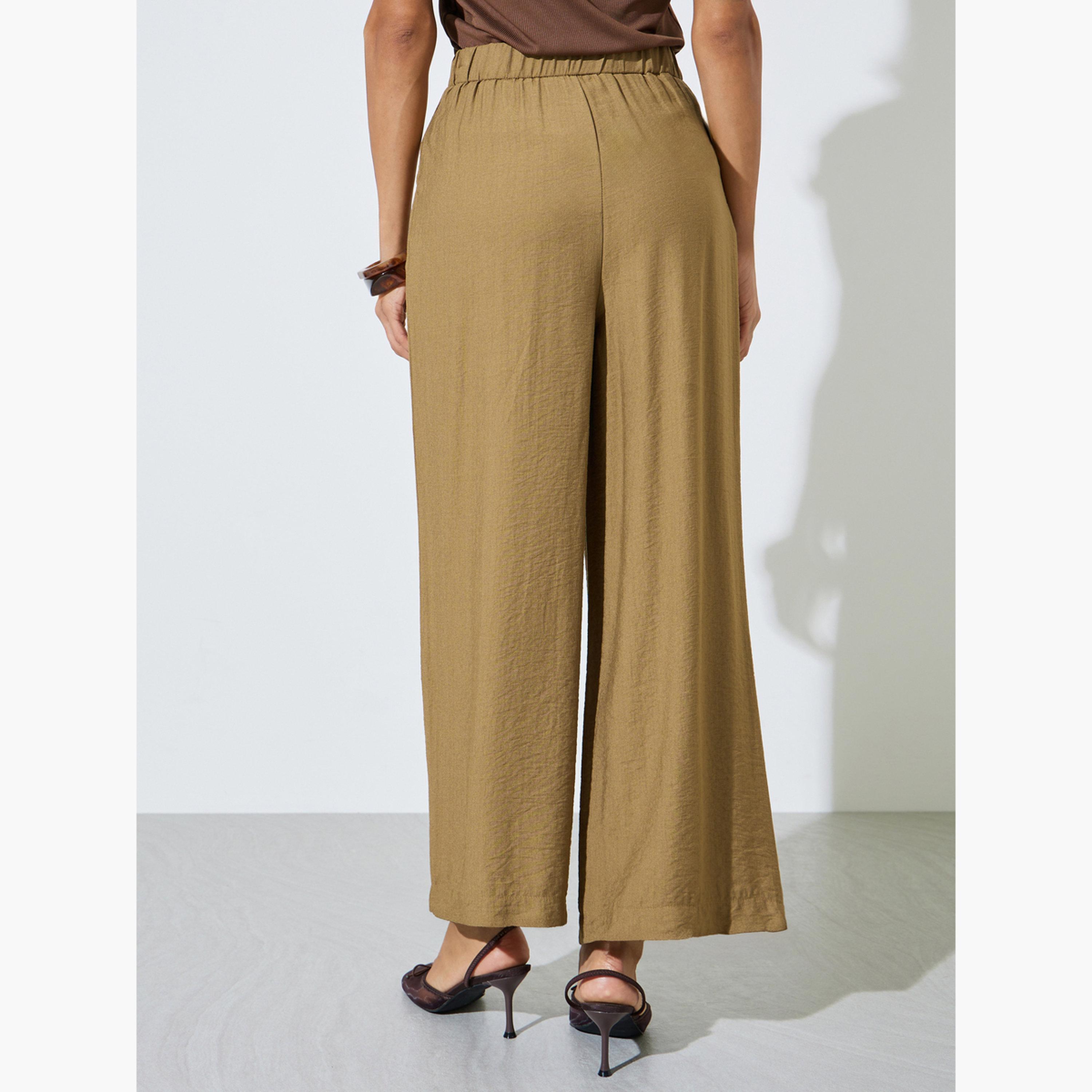 Styli Brown Wide Leg Pleated Trousers with Side Pocket-women-clothing-bottoms-joggers-image-5