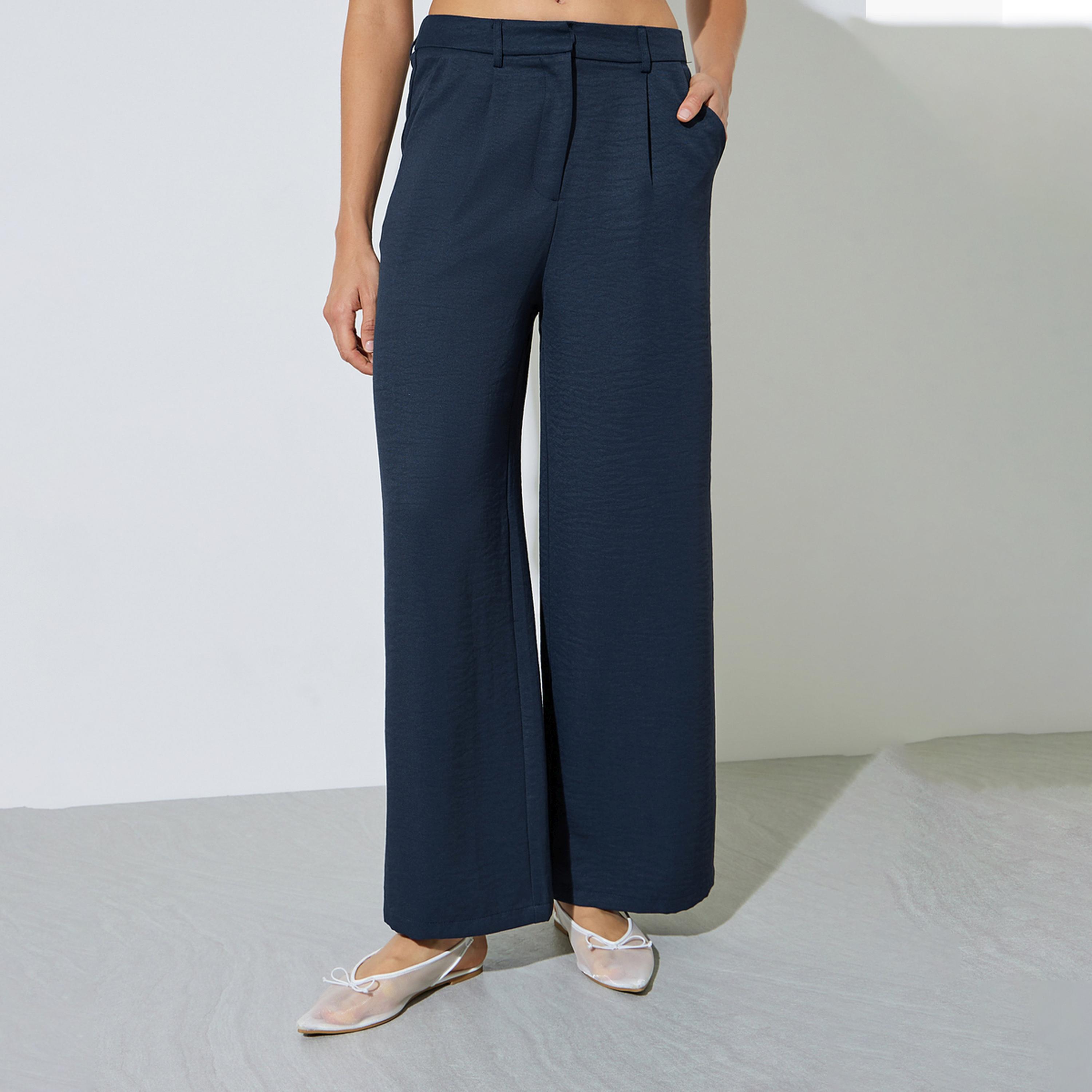 Styli Navy Blue Wide Leg Pants with Side Pocket-women-clothing-trousers-image-1