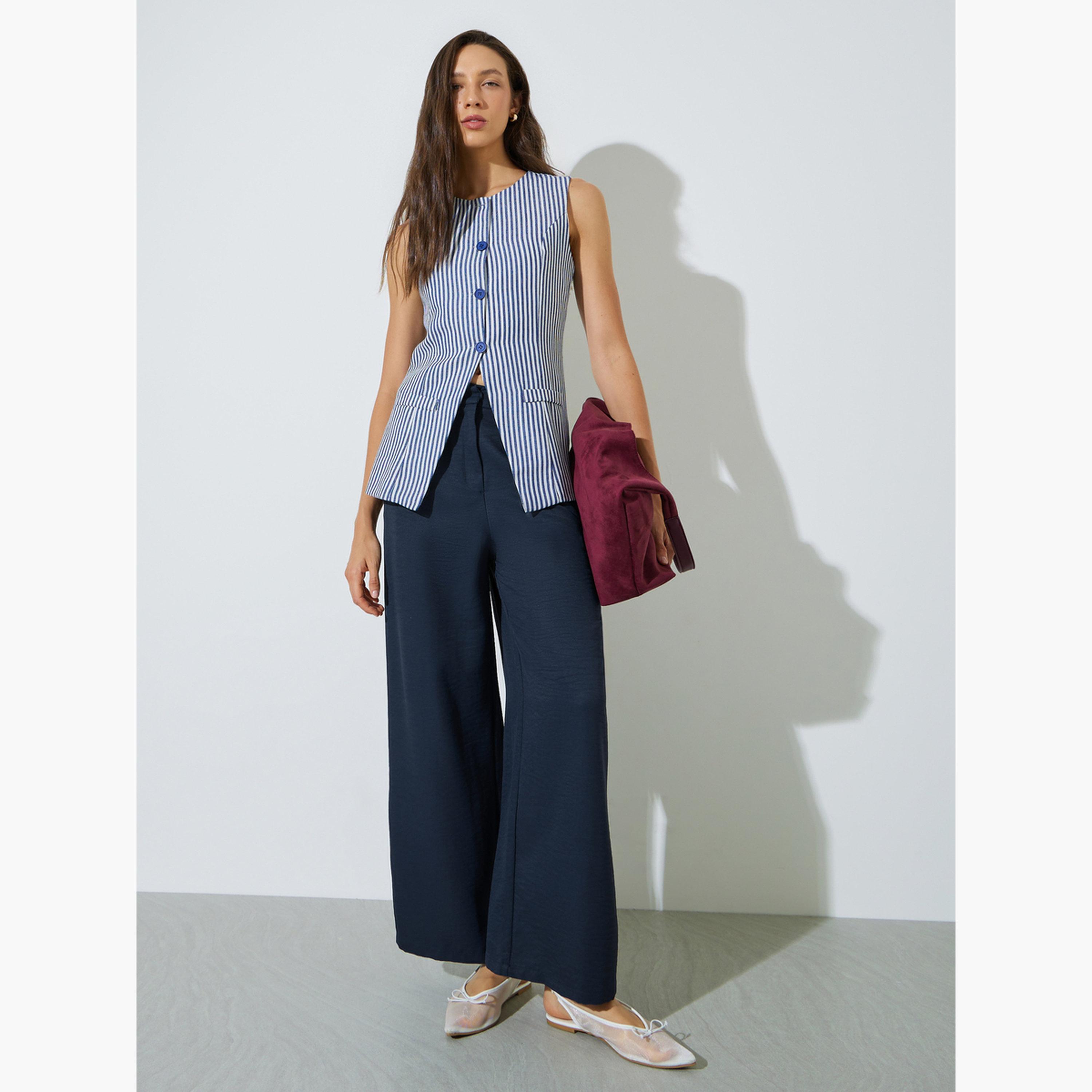 Styli Navy Blue Wide Leg Pants with Side Pocket-women-clothing-trousers-image-2