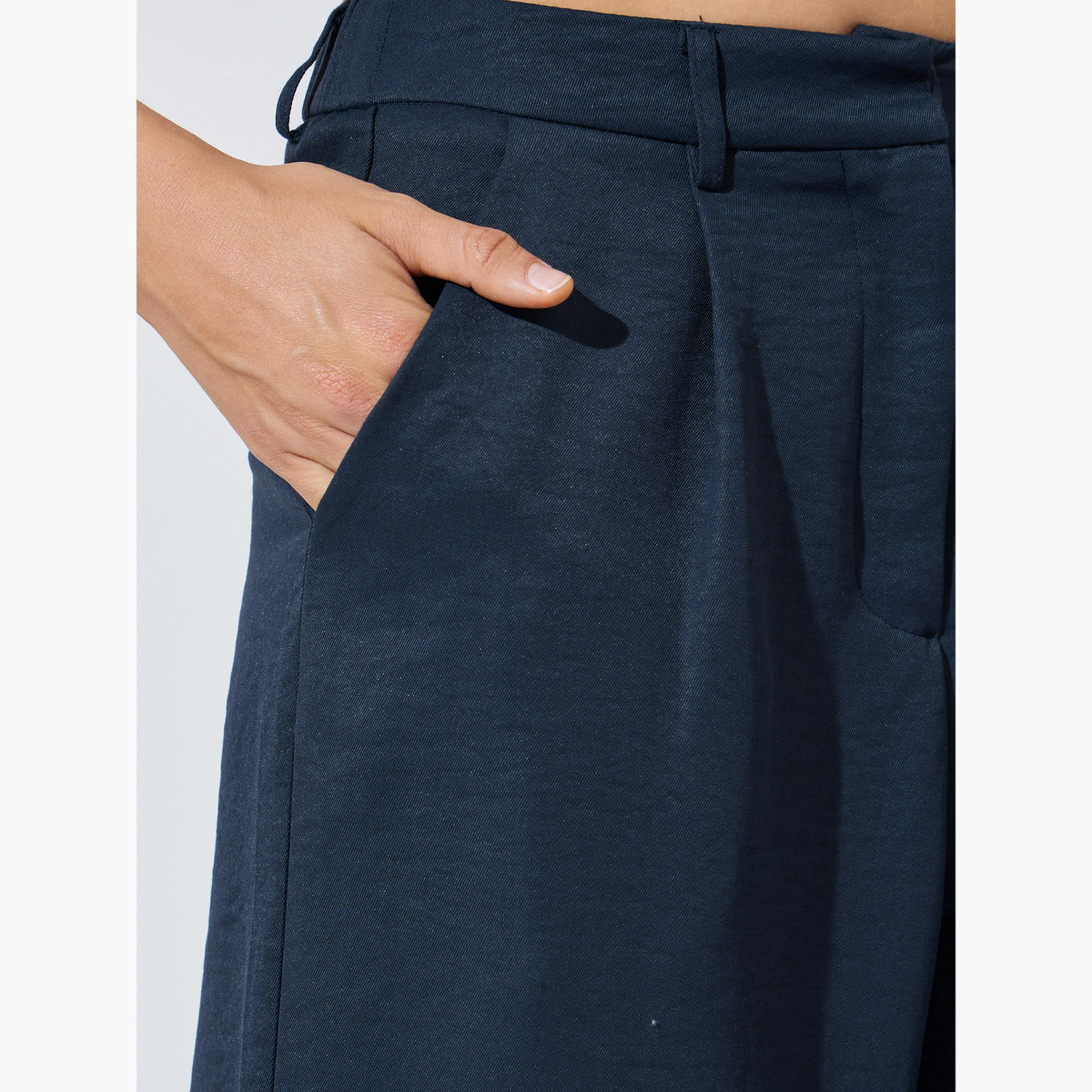 Styli Navy Blue Wide Leg Pants with Side Pocket-women-clothing-trousers-image-3