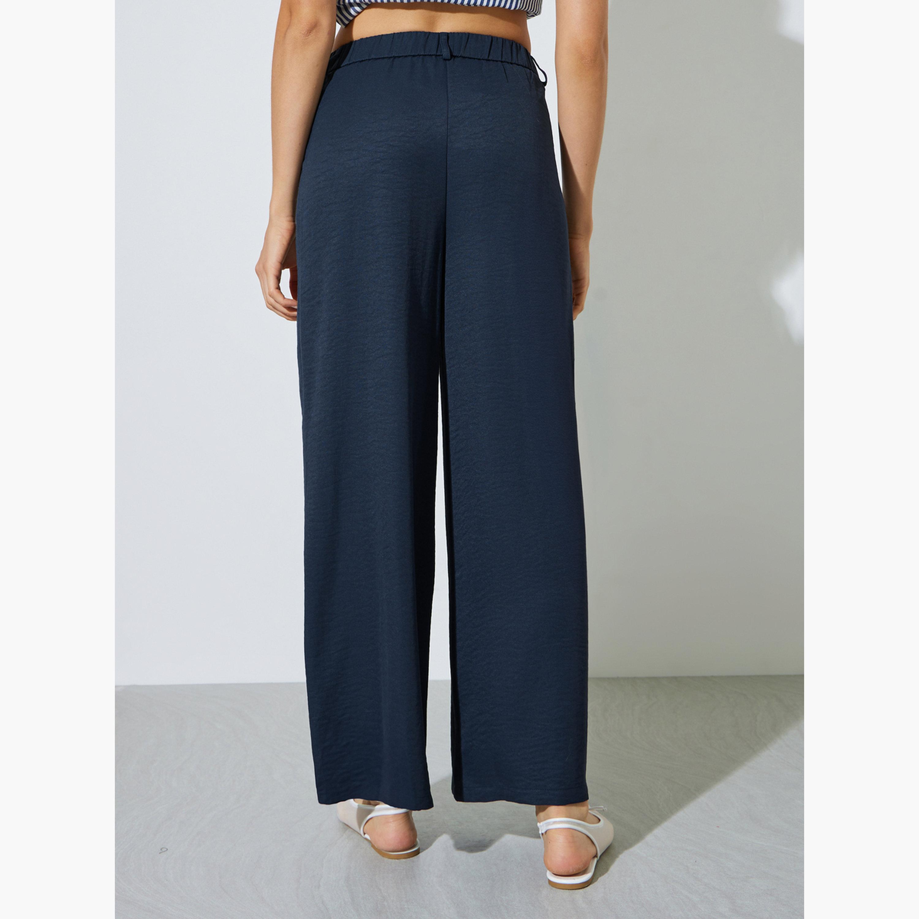 Styli Navy Blue Wide Leg Pants with Side Pocket-women-clothing-trousers-image-4