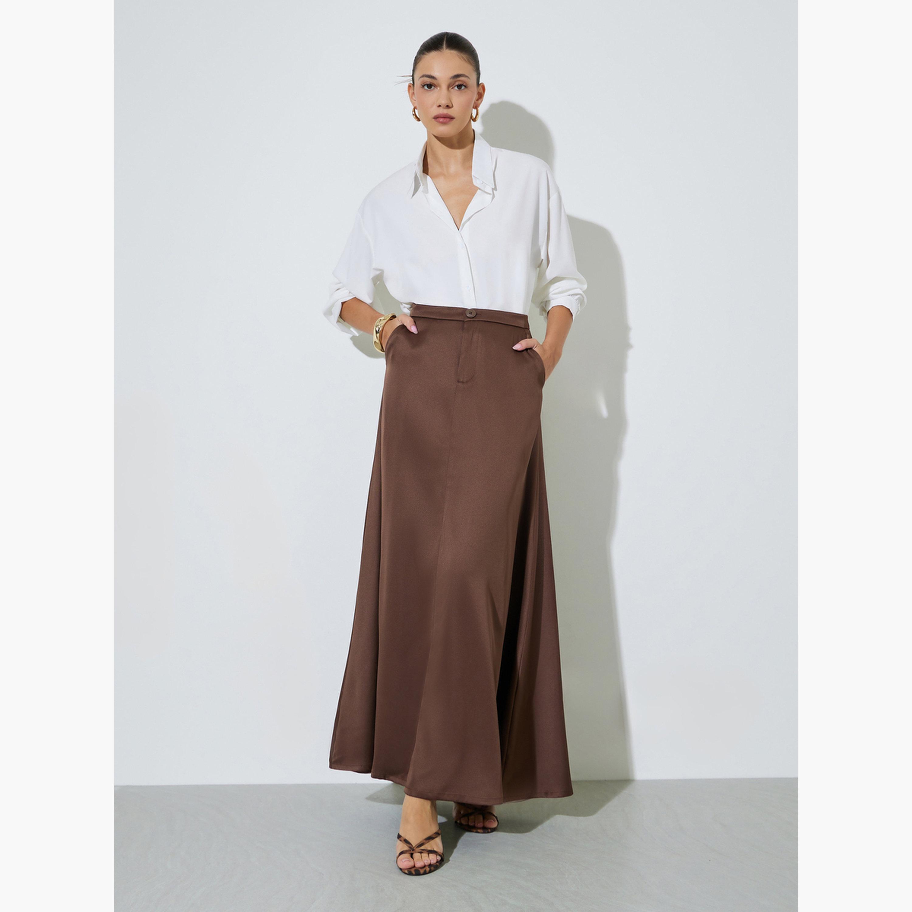تنورة طويلة بحافة واسعة بجيب جانبي-women-clothing-skirts-image-5