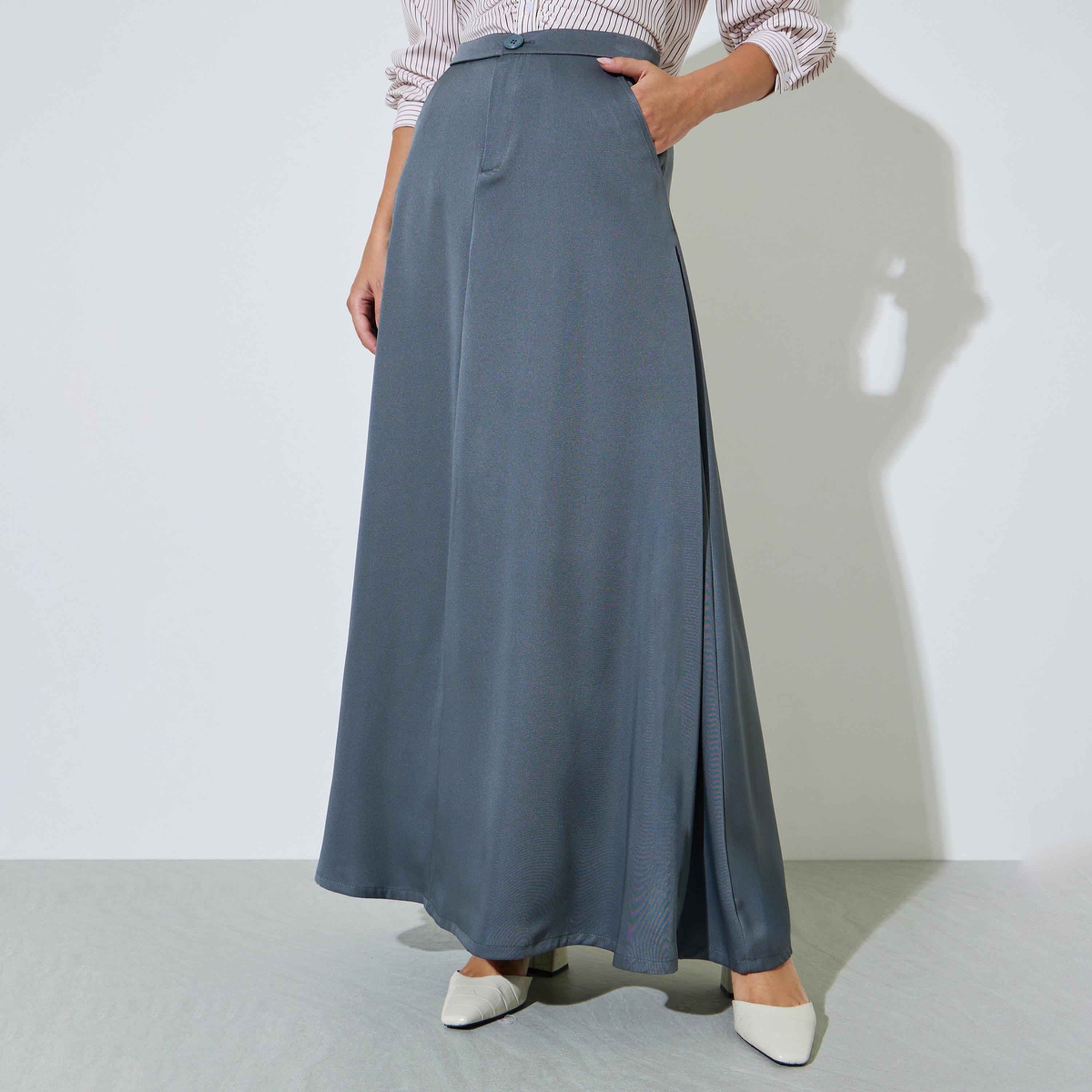 Styli Grey A-Line Maxi Skirt with Side Pocket-women-clothing-skirts-image-1