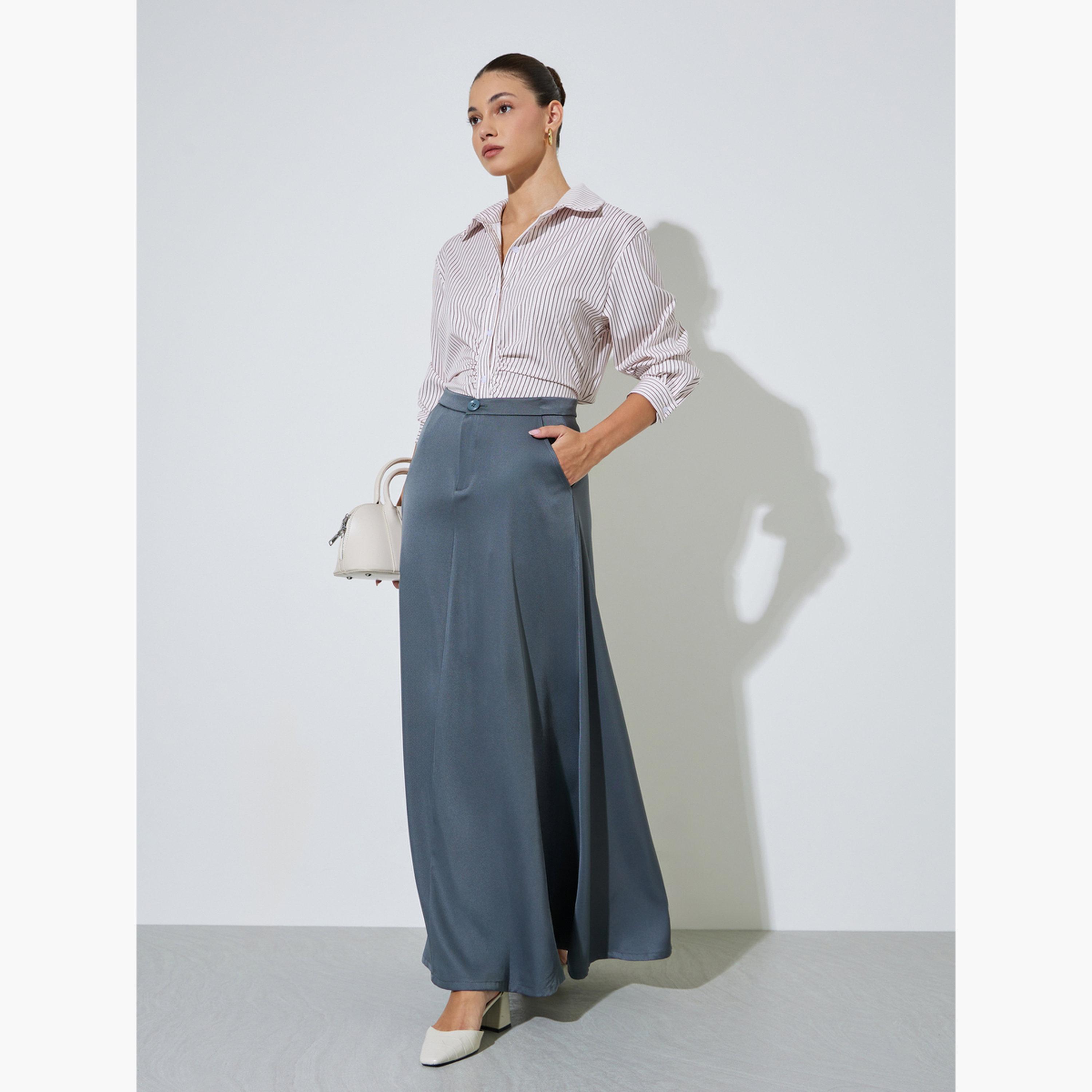 Styli Grey A-Line Maxi Skirt with Side Pocket-women-clothing-skirts-image-2