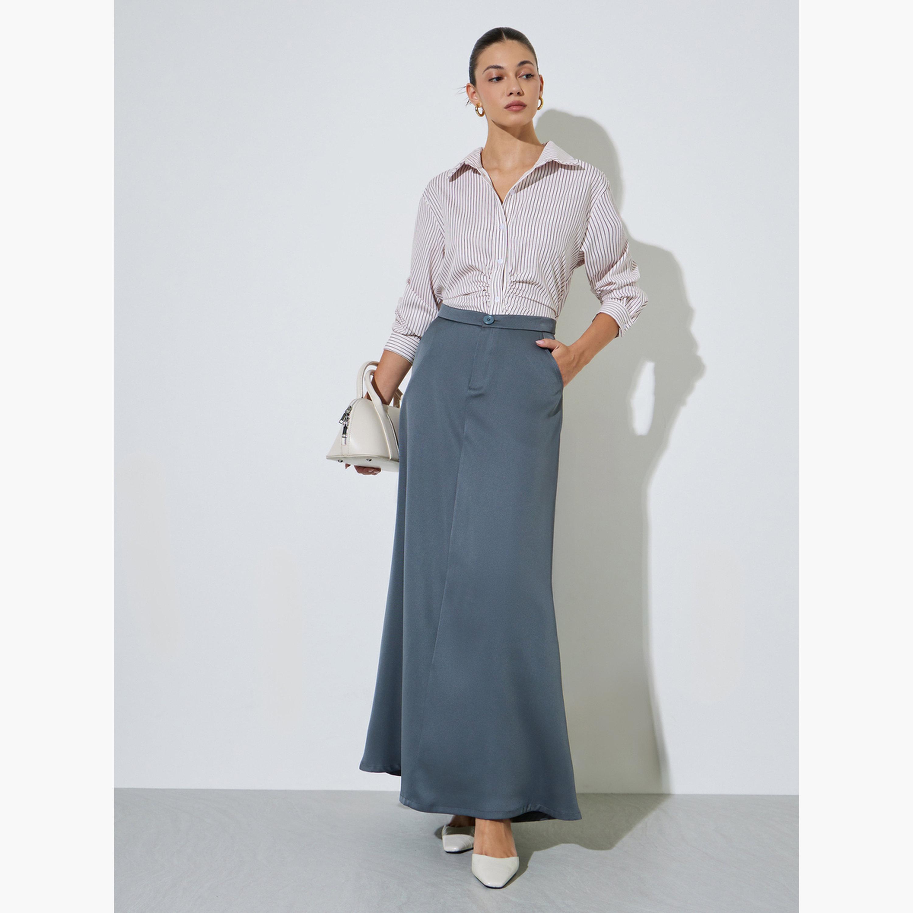 Styli Grey A-Line Maxi Skirt with Side Pocket-women-clothing-skirts-image-5