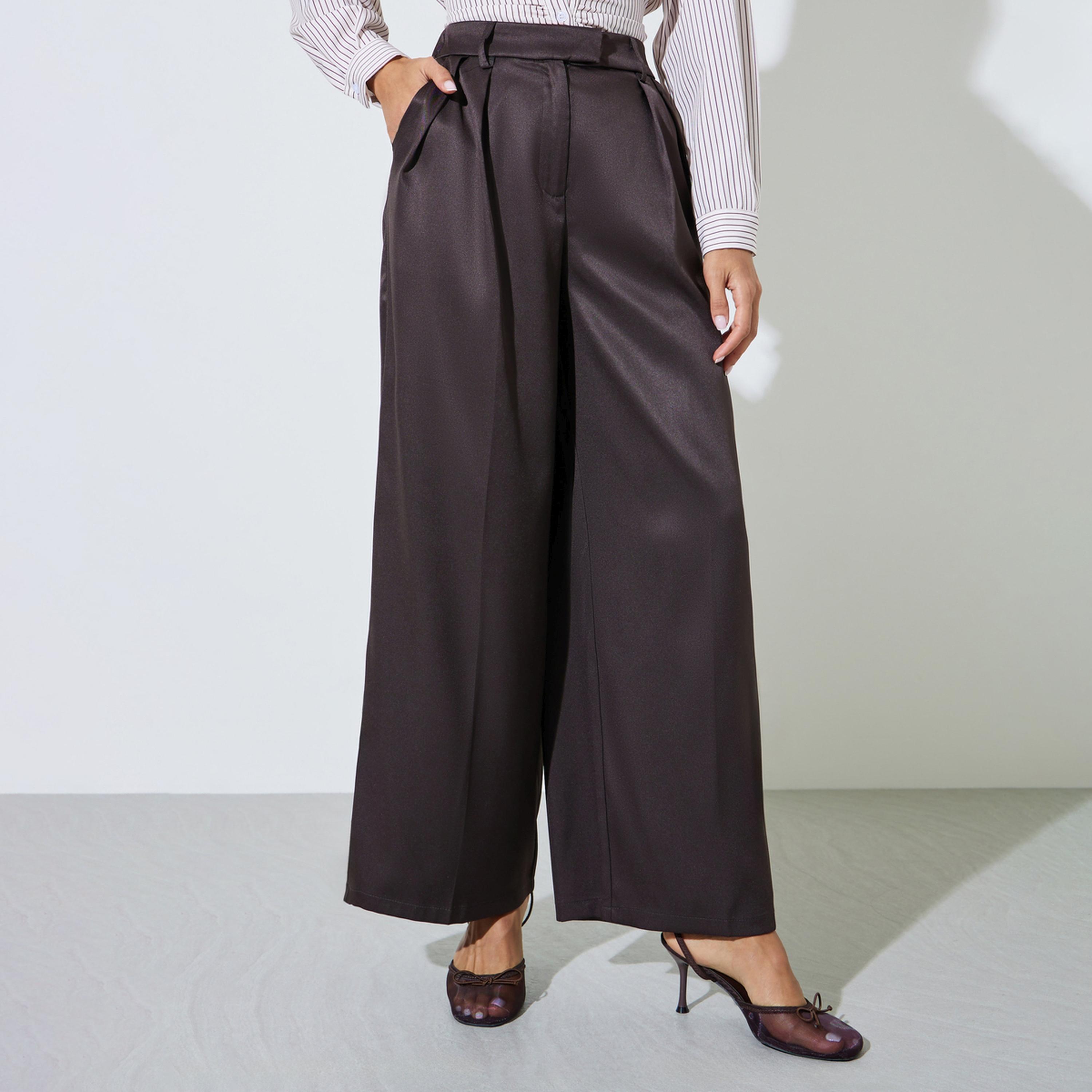 Styli Brown Wide Leg Formal Trousers with Pleat Detail-women-clothing-bottoms-joggers-image-1