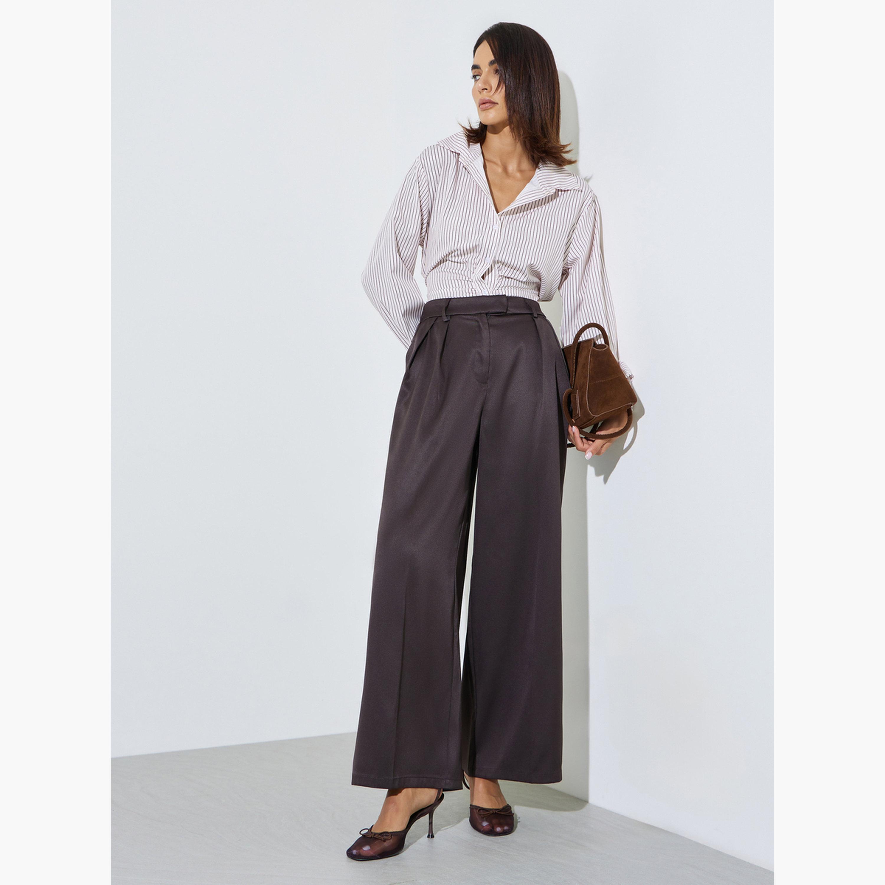 Styli Brown Wide Leg Formal Trousers with Pleat Detail-women-clothing-bottoms-joggers-image-2
