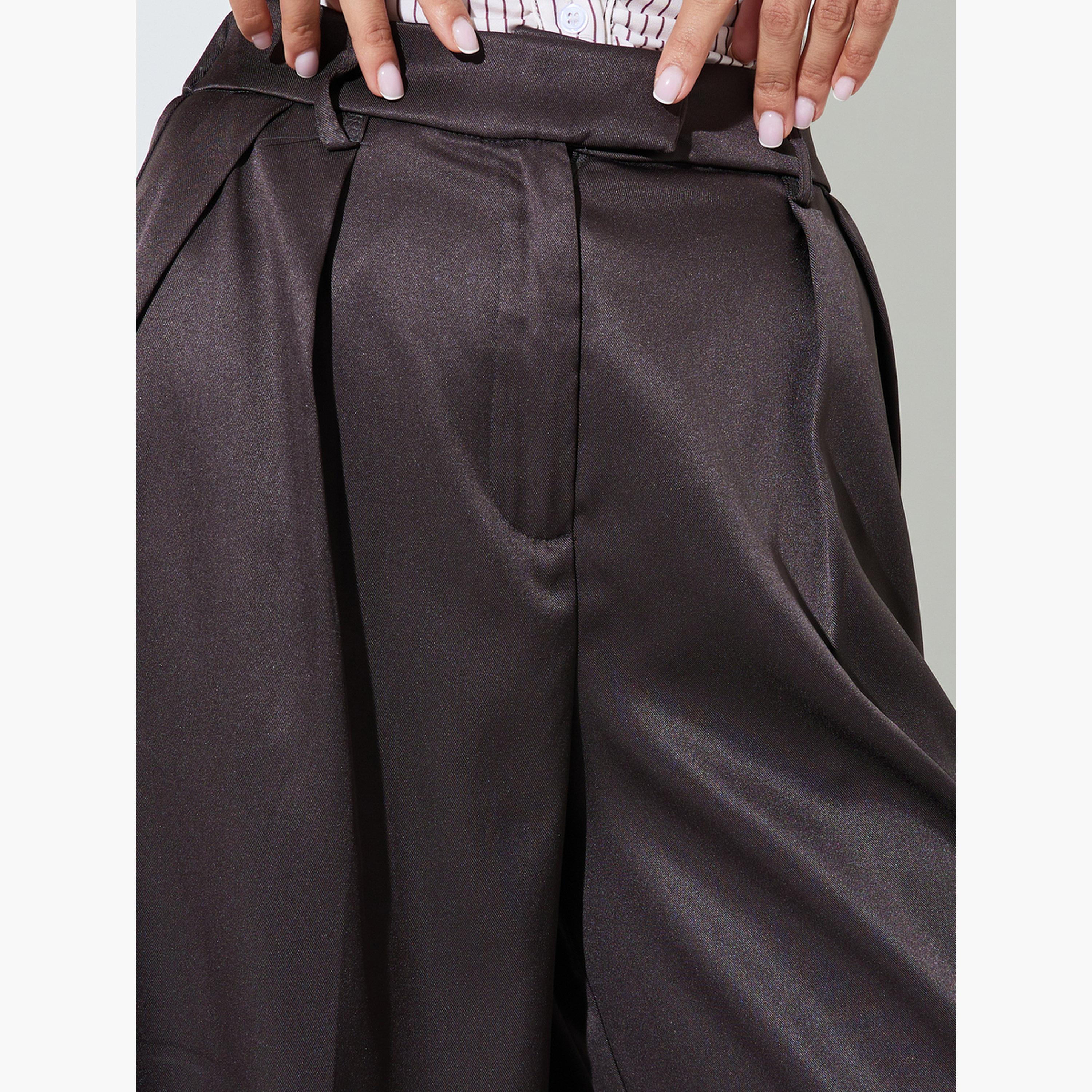Styli Brown Wide Leg Formal Trousers with Pleat Detail-women-clothing-bottoms-joggers-image-3