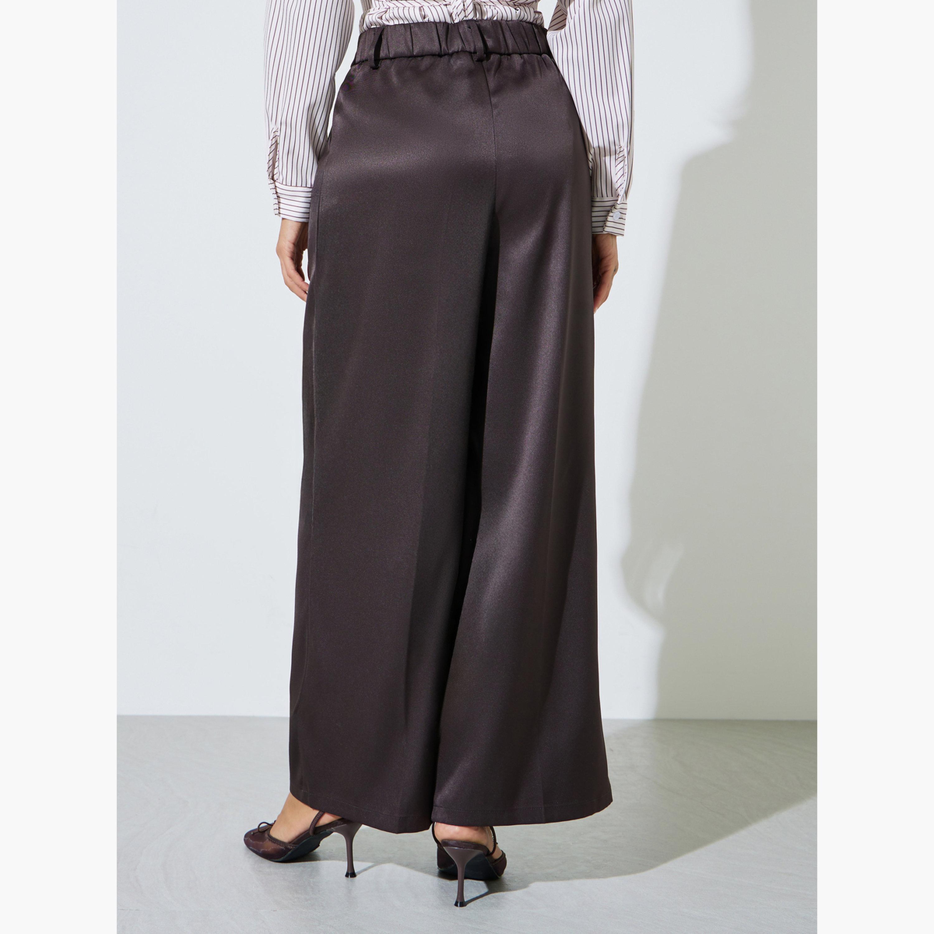 Styli Brown Wide Leg Formal Trousers with Pleat Detail-women-clothing-bottoms-joggers-image-4