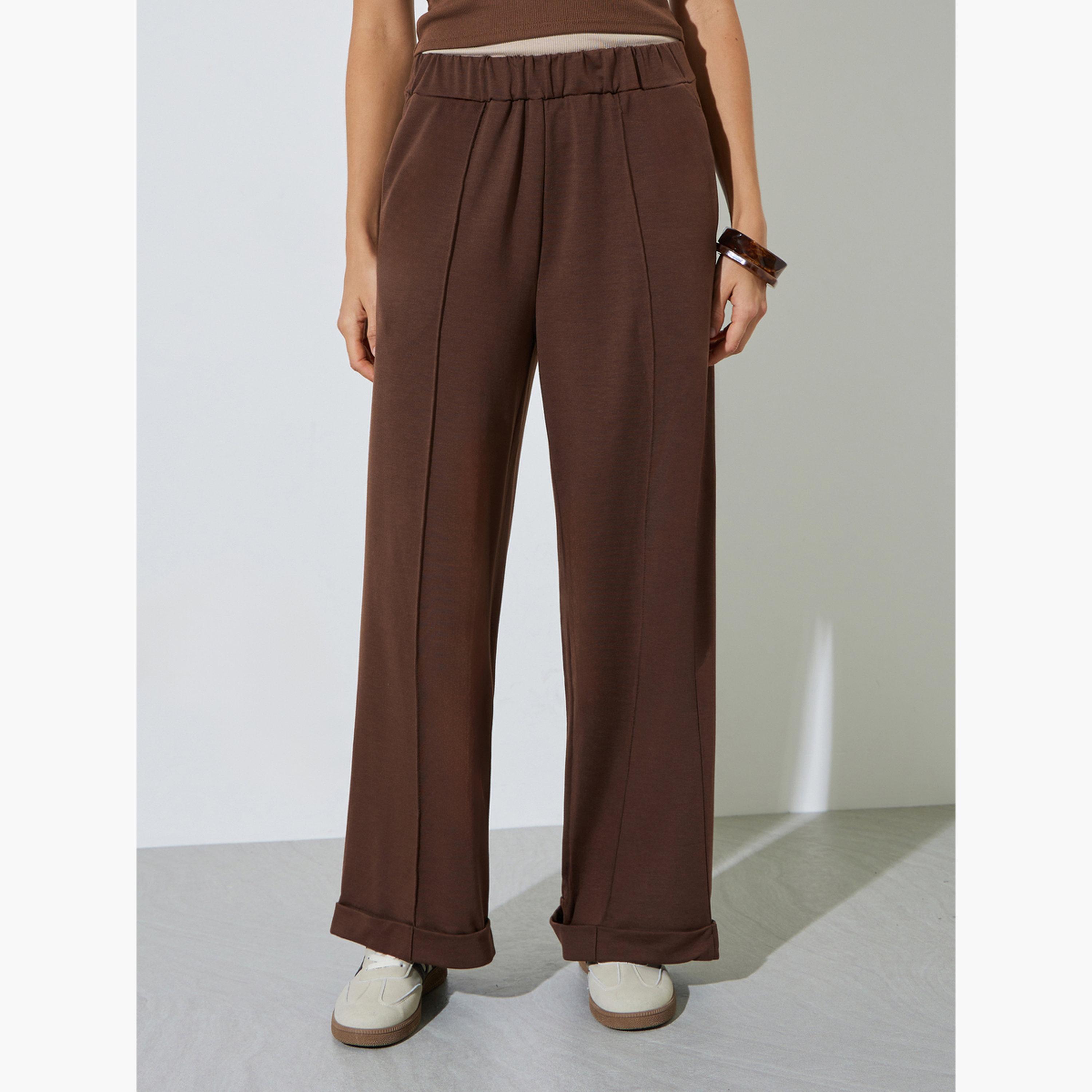 Styli Brown Solid Wide Leg Joggers-women-clothing-joggers-image-1