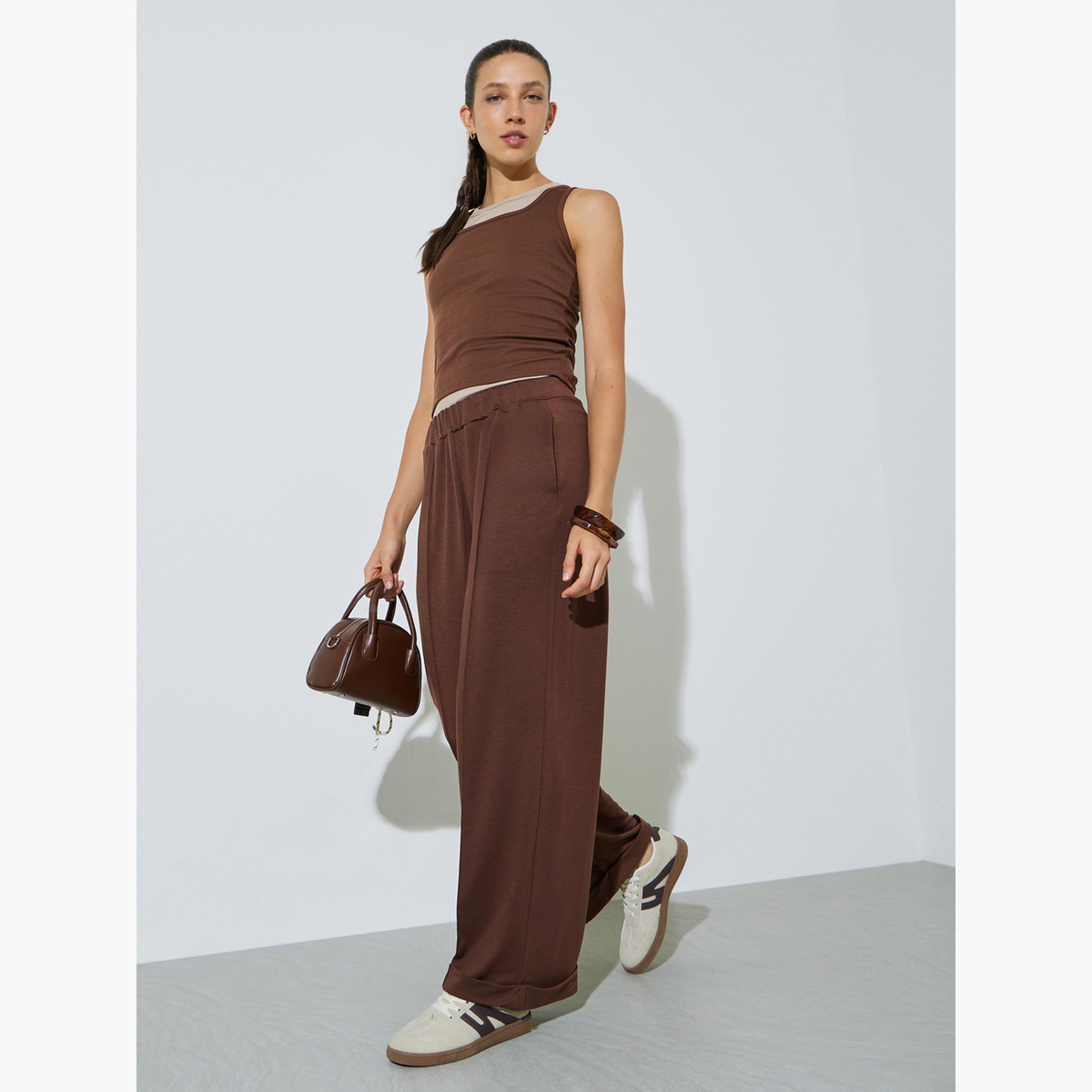 Styli Brown Solid Wide Leg Joggers-women-clothing-joggers-image-2