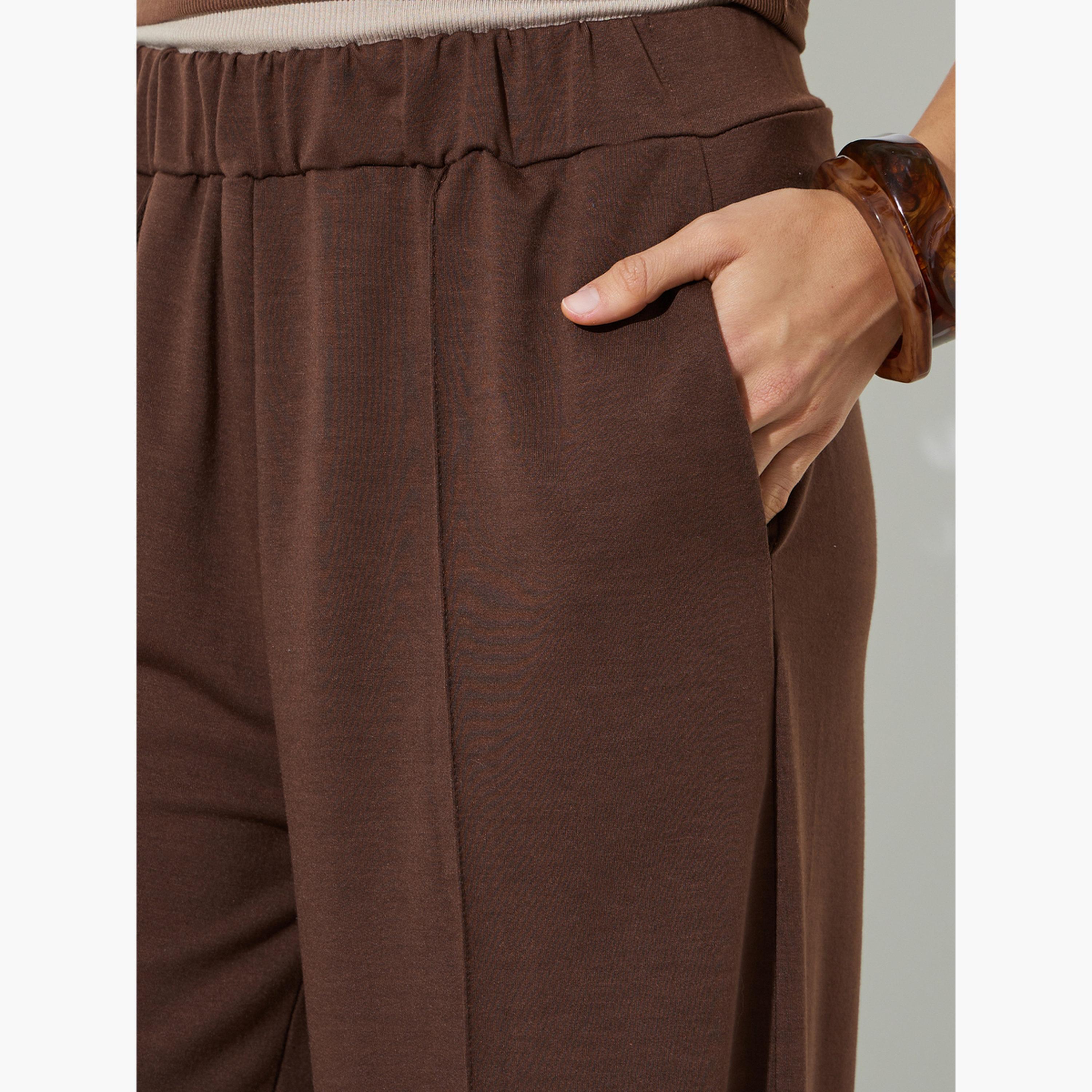 Styli Brown Solid Wide Leg Joggers-women-clothing-joggers-image-3