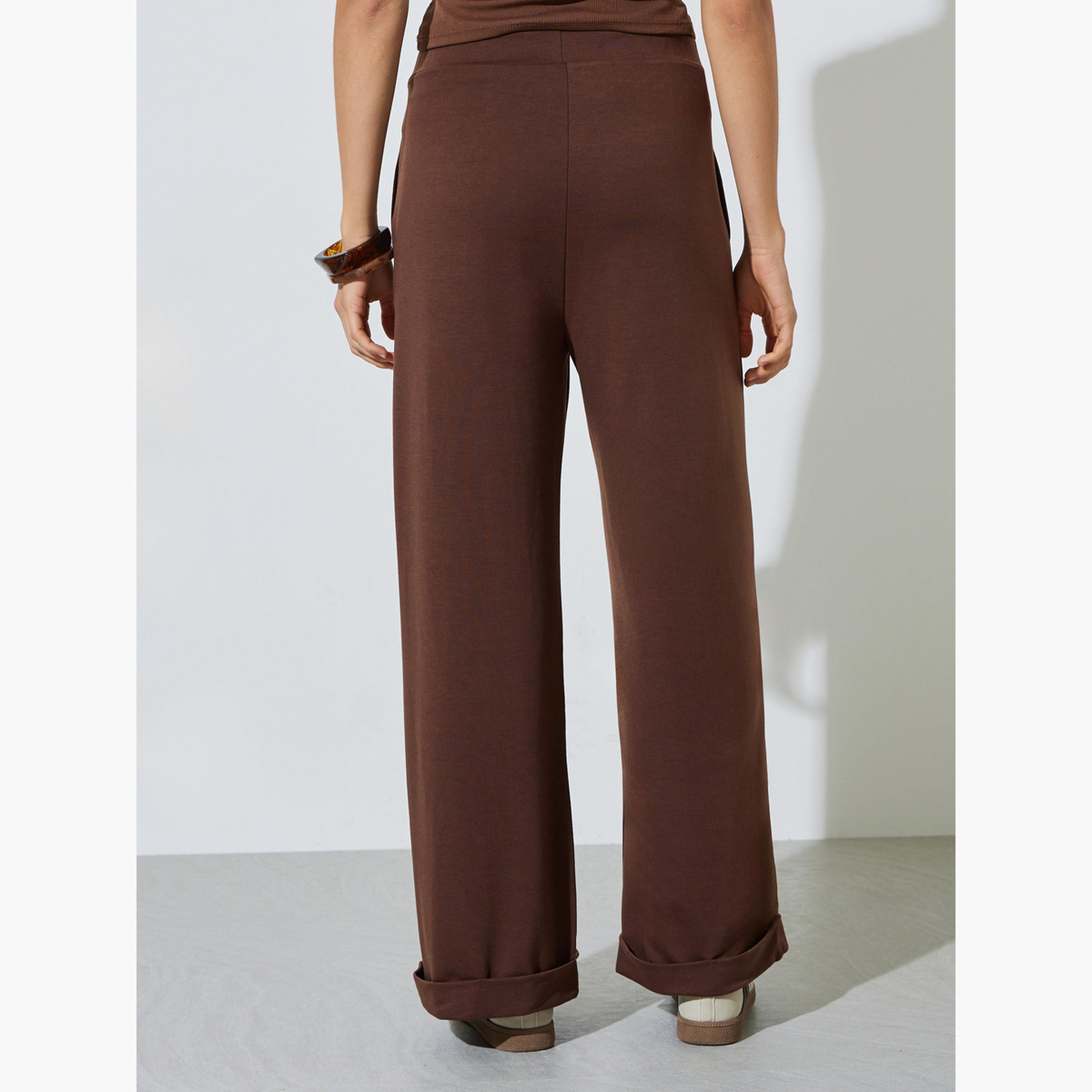 Styli Brown Solid Wide Leg Joggers-women-clothing-joggers-image-4