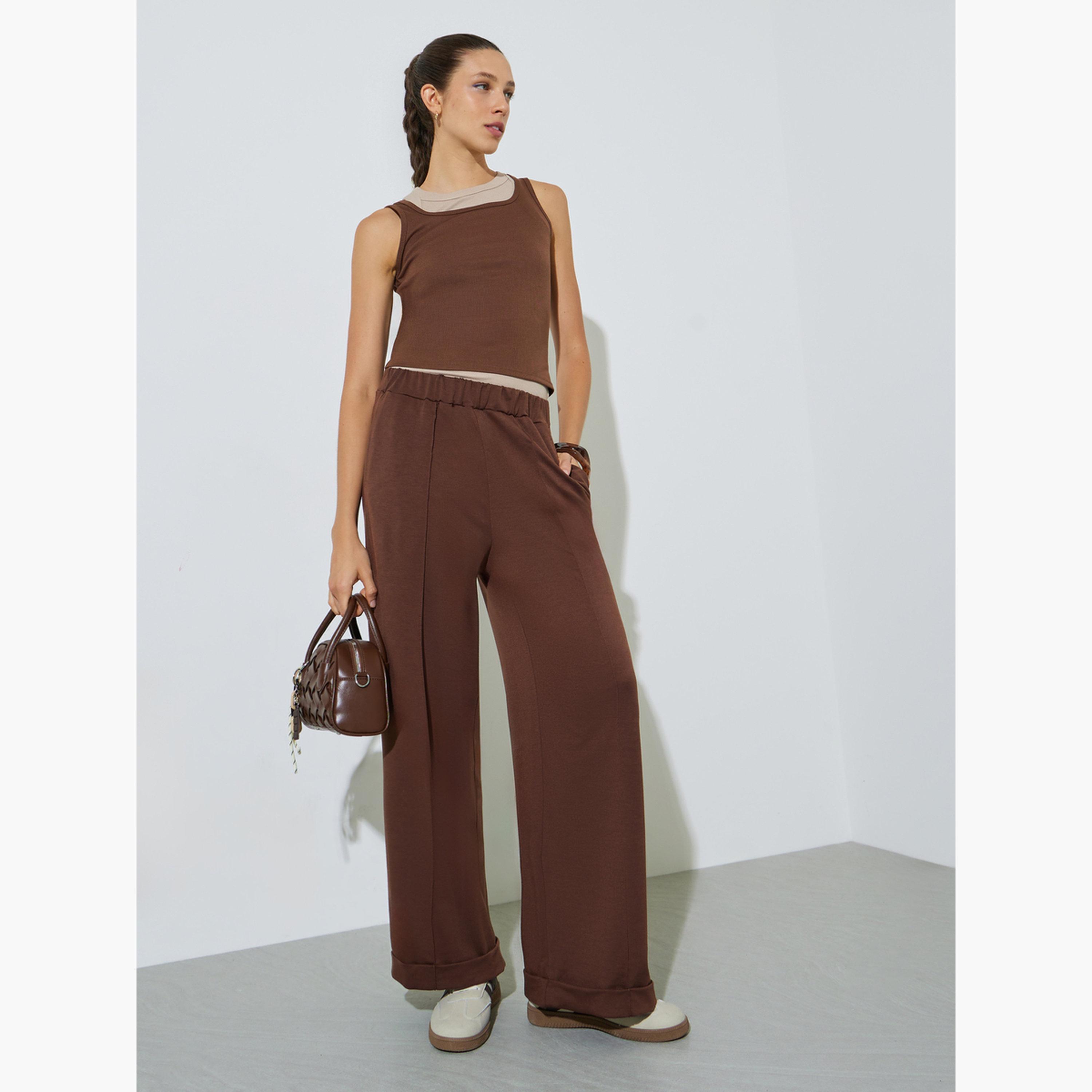 Styli Brown Solid Wide Leg Joggers-women-clothing-joggers-image-5
