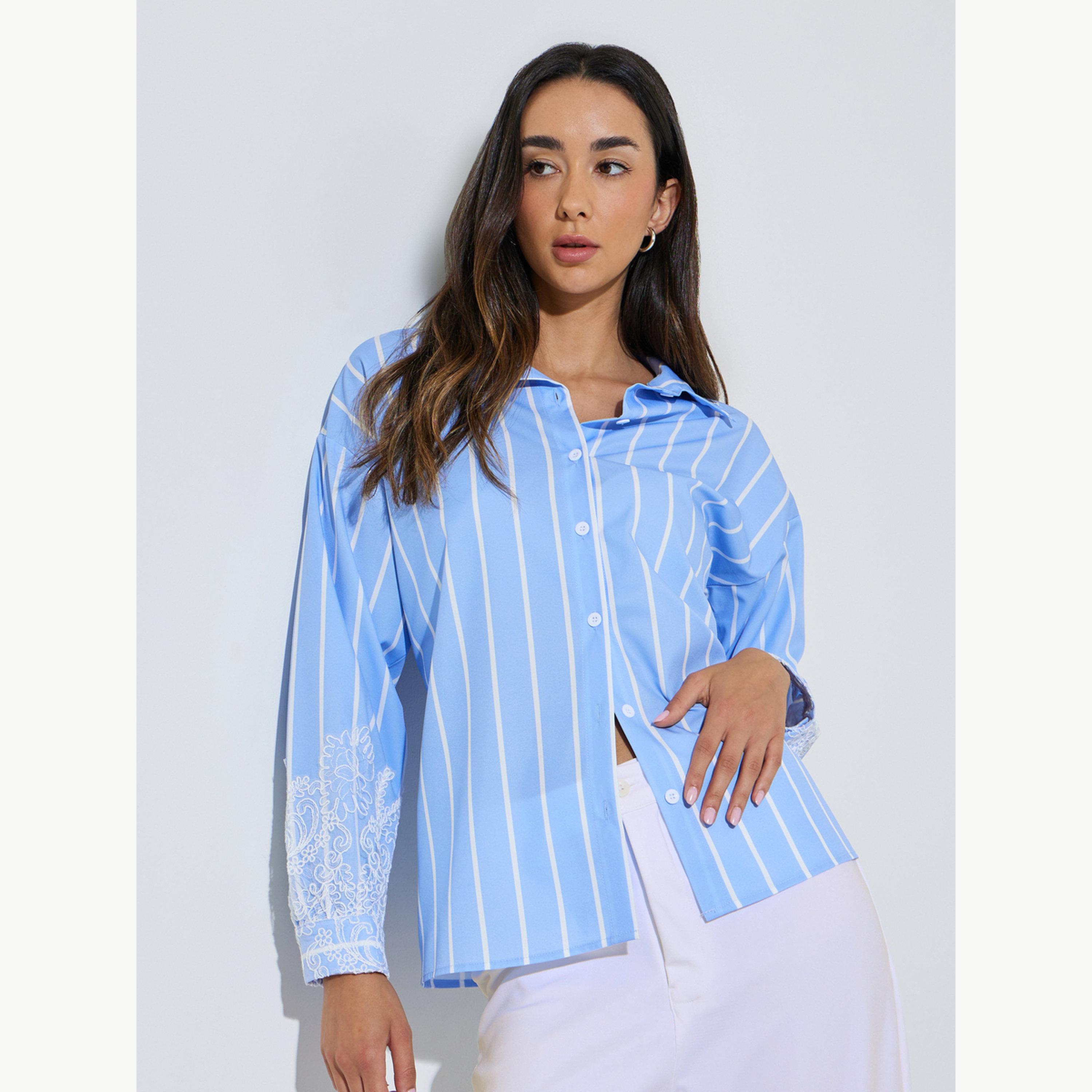 بلوزة كاجوال فضفاضة مخططة بتفاصيل دانتيل-women-clothing-shirtsandblouses-shirts-image-1