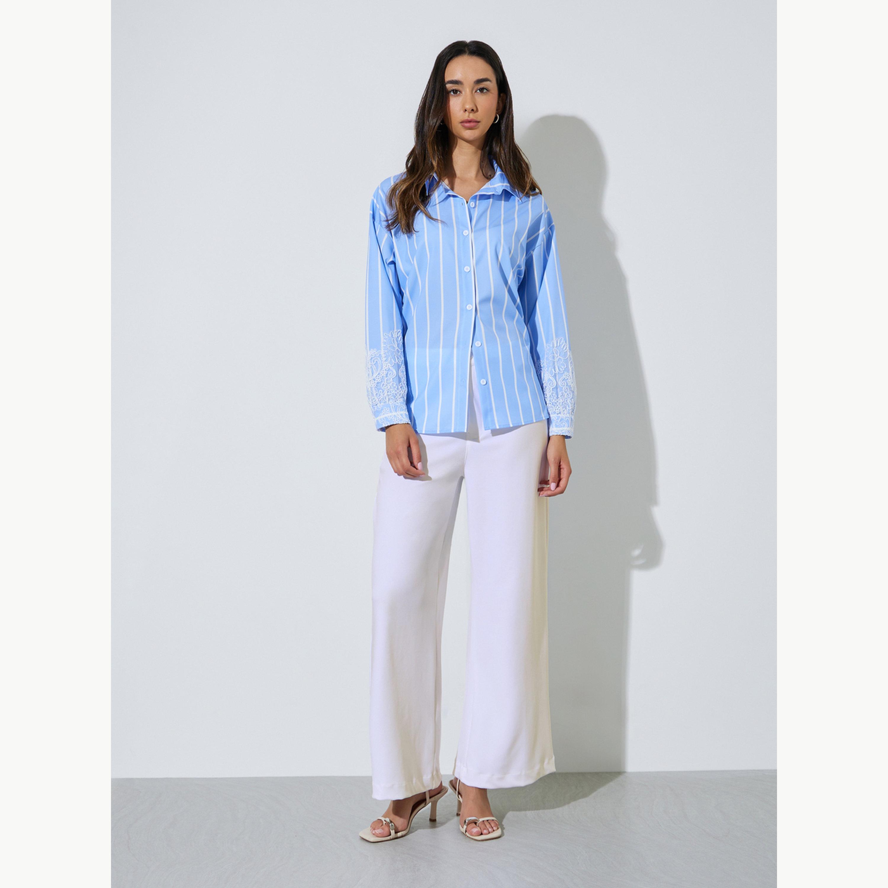 بلوزة كاجوال فضفاضة مخططة بتفاصيل دانتيل-women-clothing-shirtsandblouses-shirts-image-2
