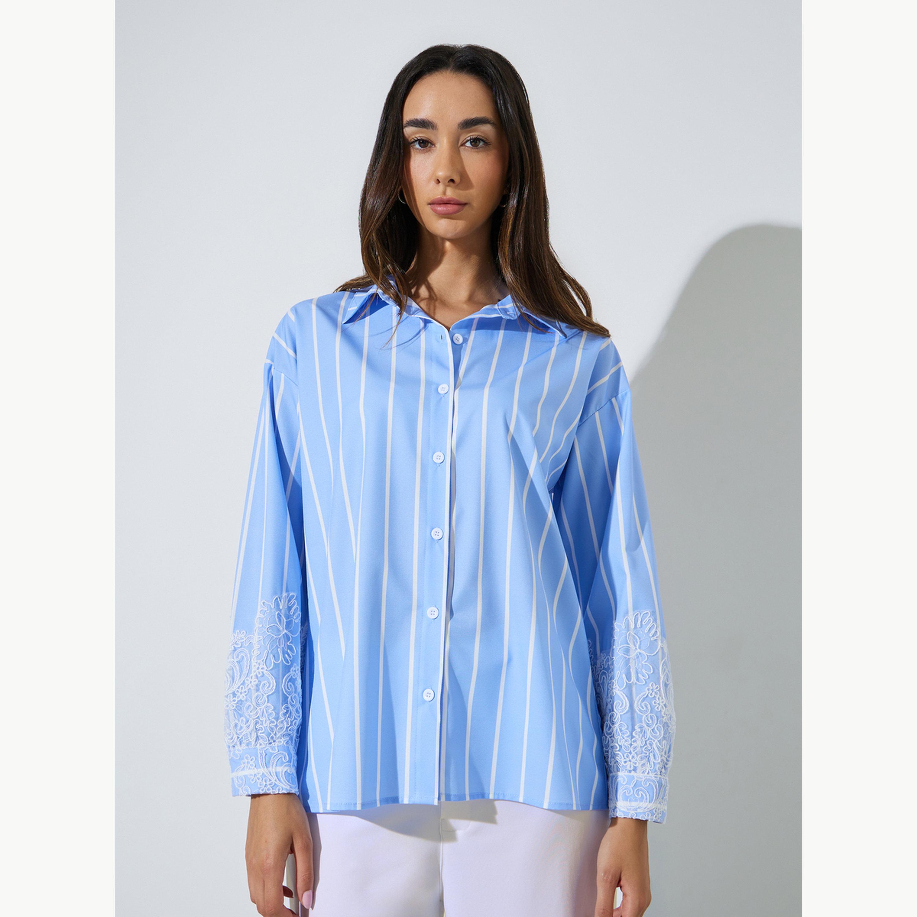 بلوزة كاجوال فضفاضة مخططة بتفاصيل دانتيل-women-clothing-shirtsandblouses-shirts-image-3