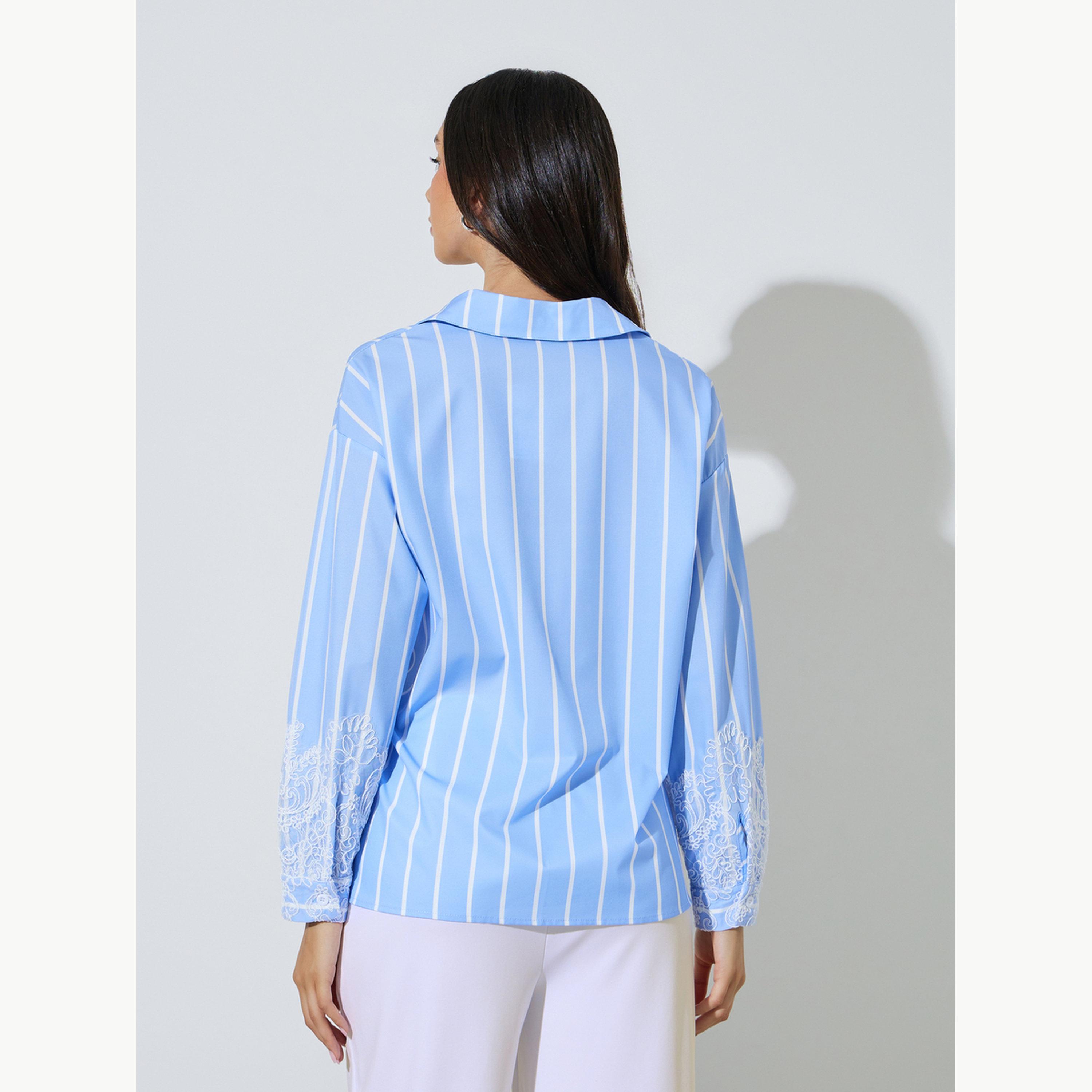 بلوزة كاجوال فضفاضة مخططة بتفاصيل دانتيل-women-clothing-shirtsandblouses-shirts-image-5