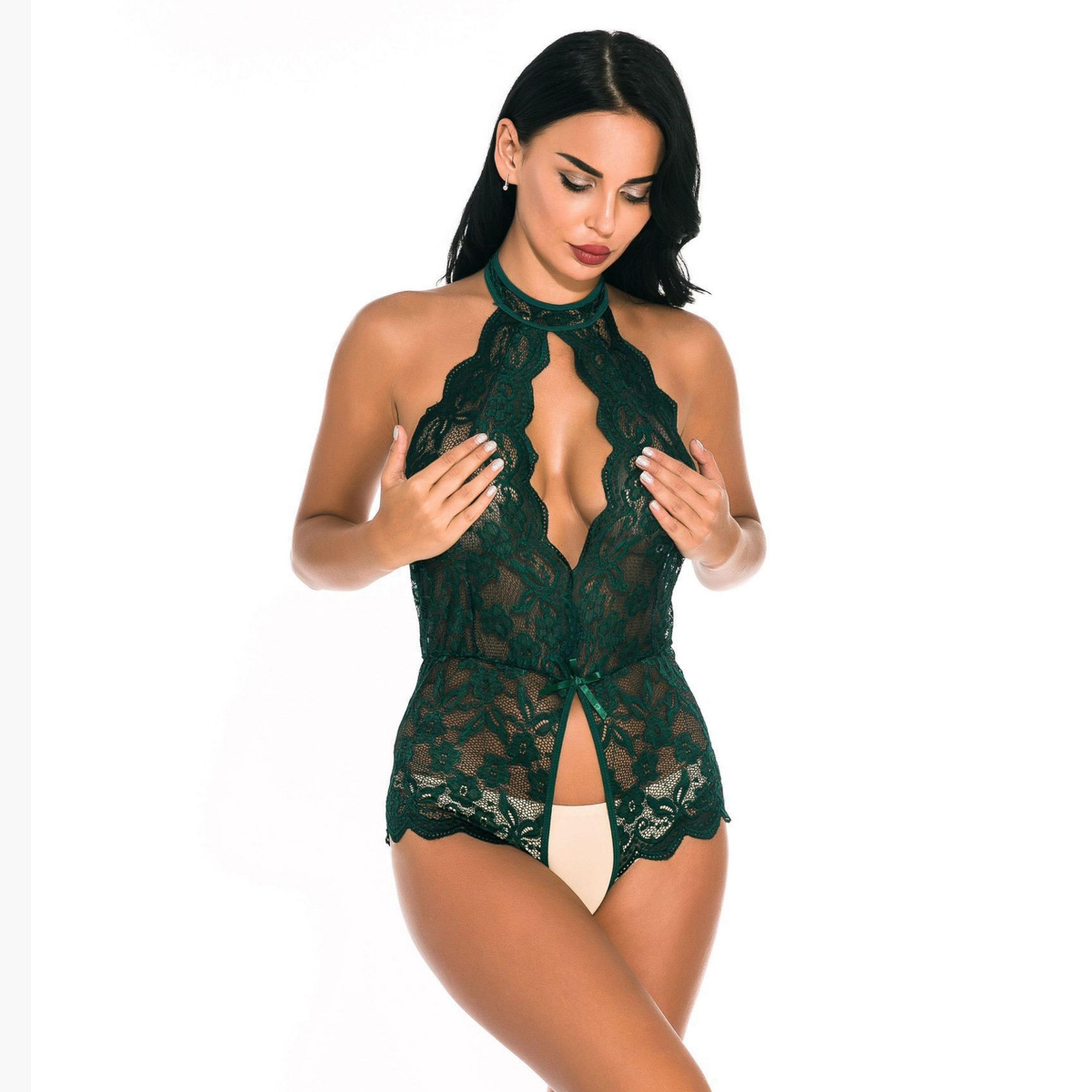 Take Two Dark Green Floral Lace Halter Neck Bodysuit-women-clothing-lingerie-babydollsandbodysuits-image-1