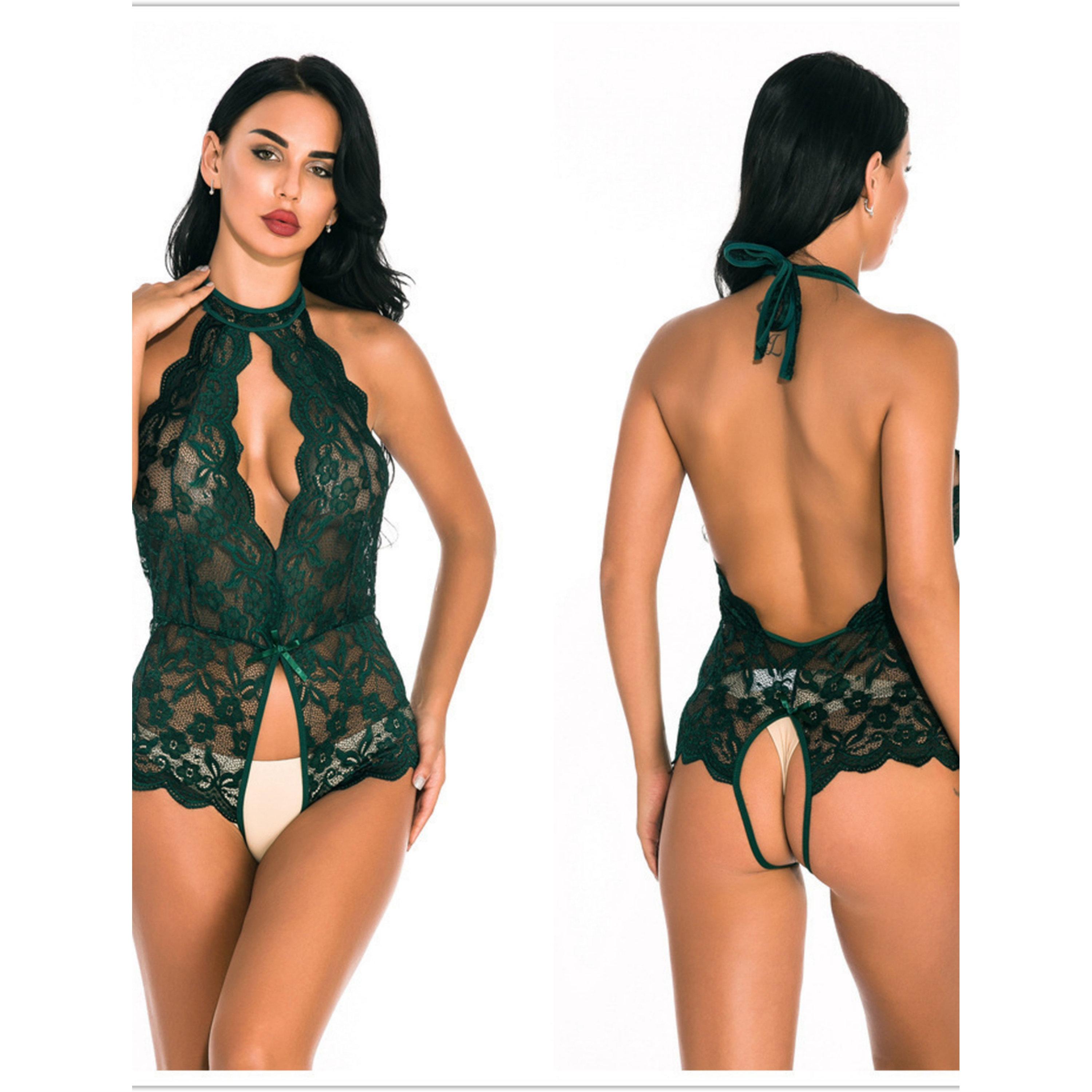 Take Two Dark Green Floral Lace Halter Neck Bodysuit-women-clothing-lingerie-babydollsandbodysuits-image-3