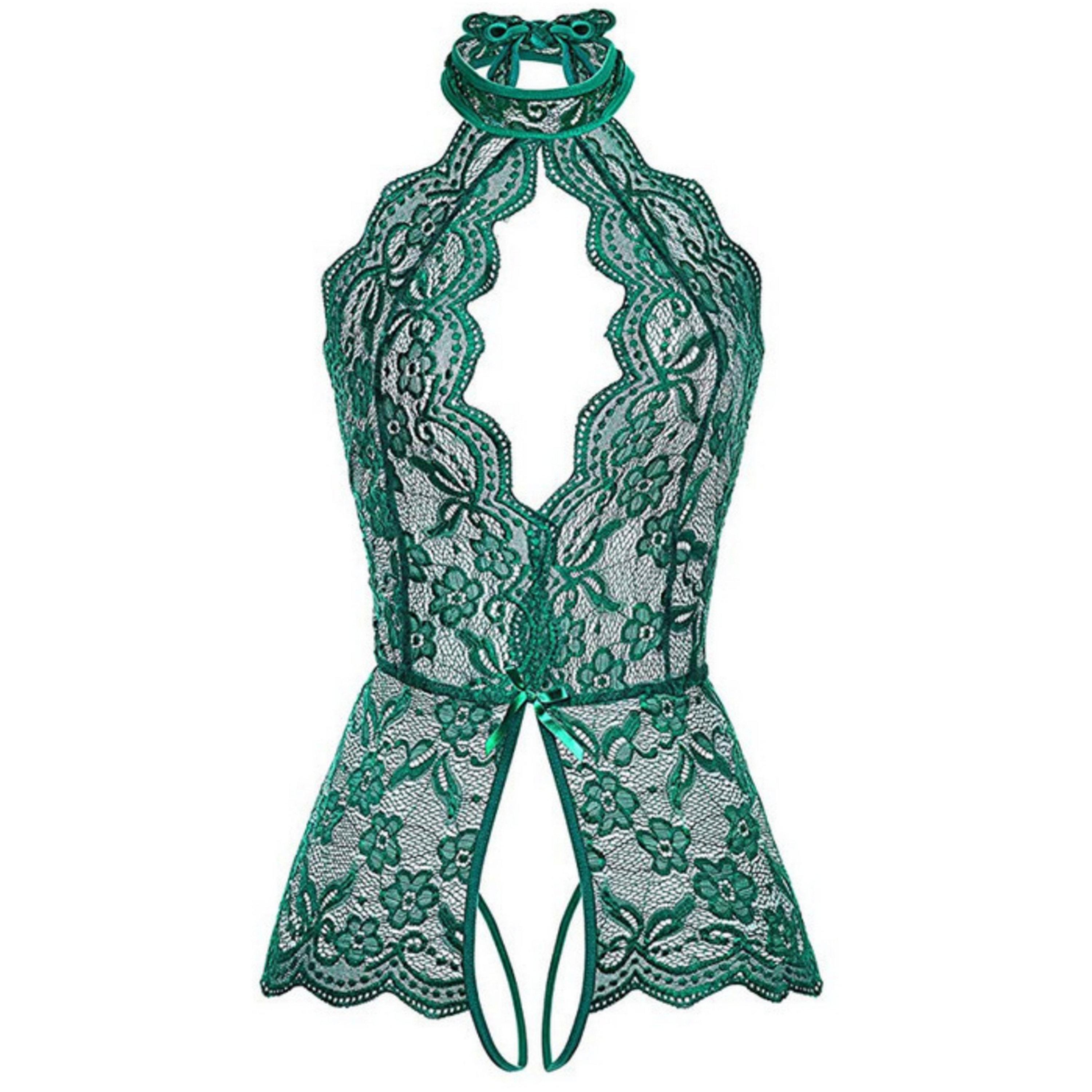 Take Two Dark Green Floral Lace Halter Neck Bodysuit-women-clothing-lingerie-babydollsandbodysuits-image-4