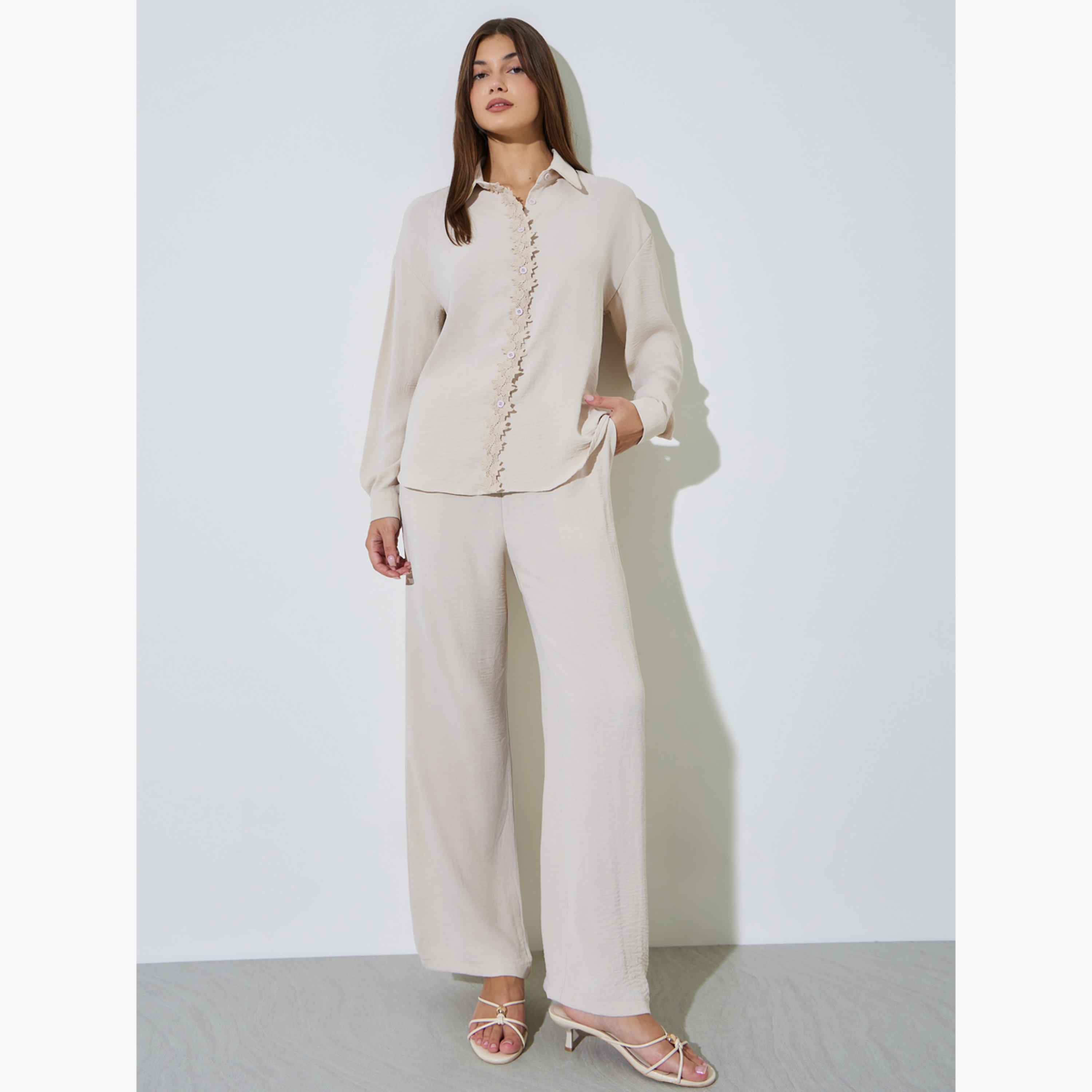 Styli Off White Solid Lace Details Shirt and Wide Leg Pants Set-women-clothing-coordsets-image-1