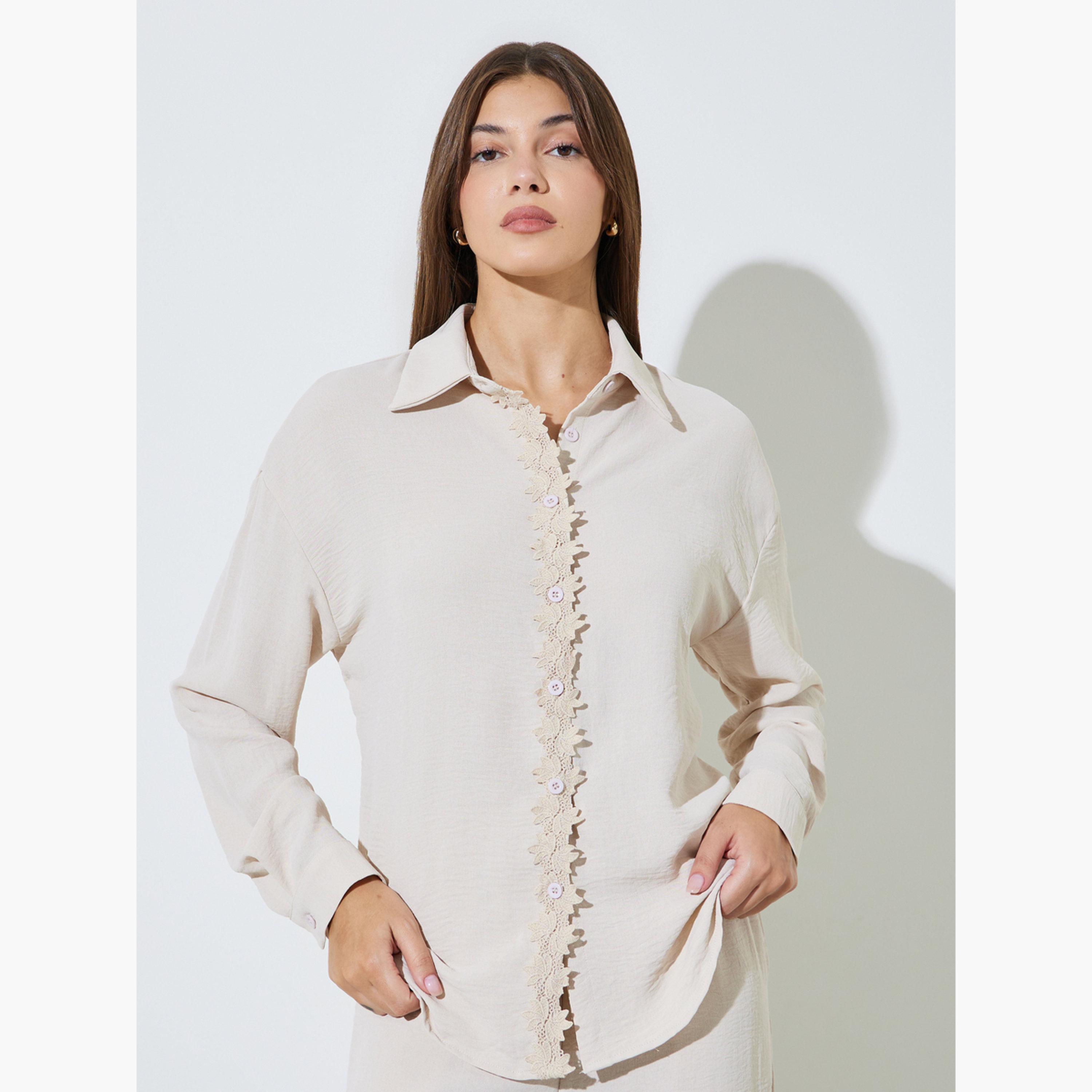 Styli Off White Solid Lace Details Shirt and Wide Leg Pants Set-women-clothing-coordsets-image-2