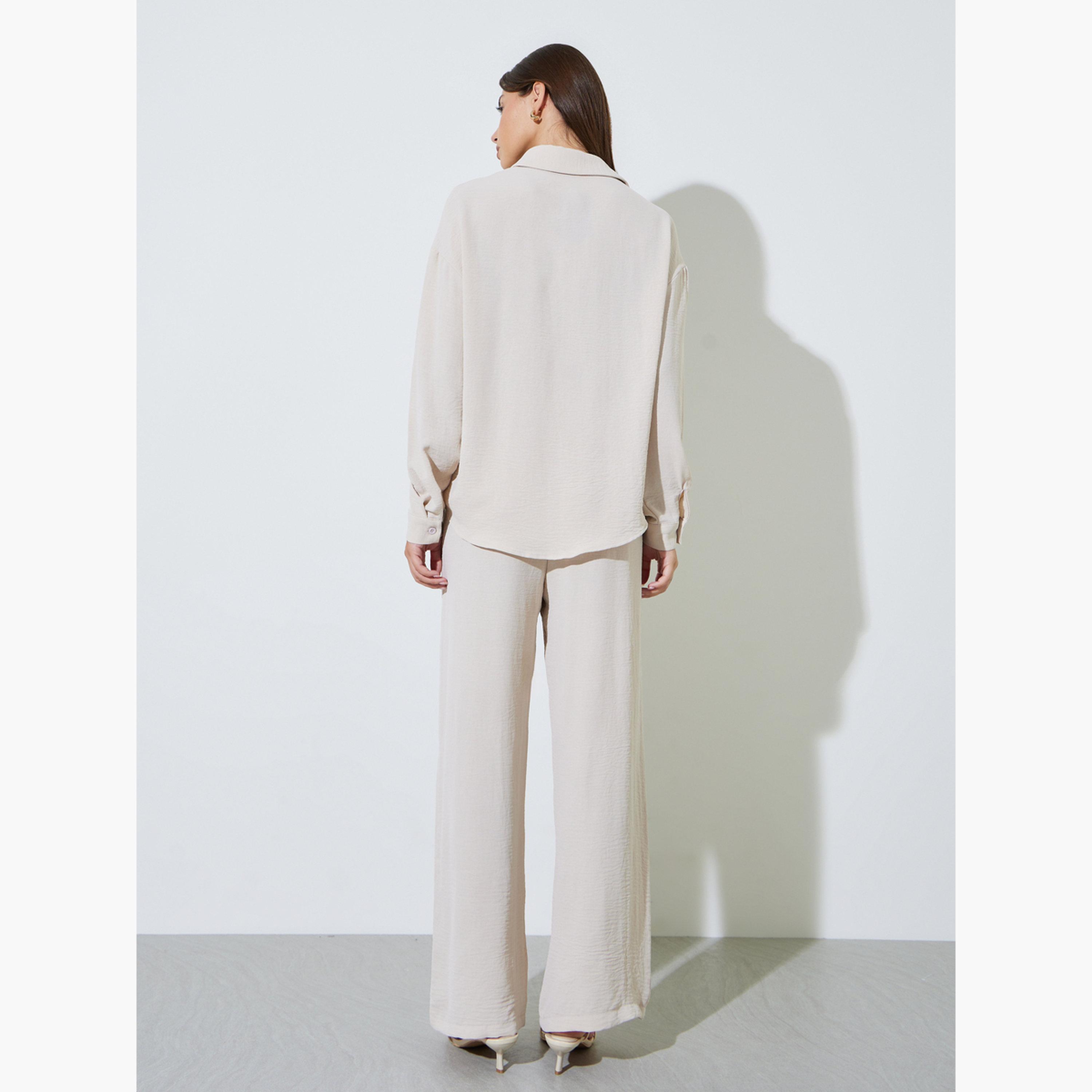 Styli Off White Solid Lace Details Shirt and Wide Leg Pants Set-women-clothing-coordsets-image-3
