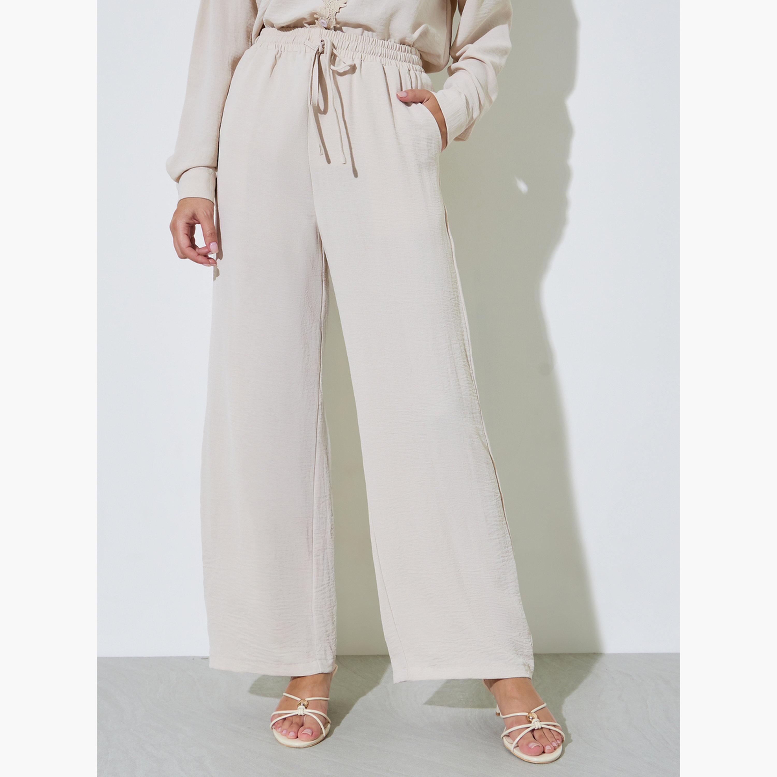 Styli Off White Solid Lace Details Shirt and Wide Leg Pants Set-women-clothing-coordsets-image-4