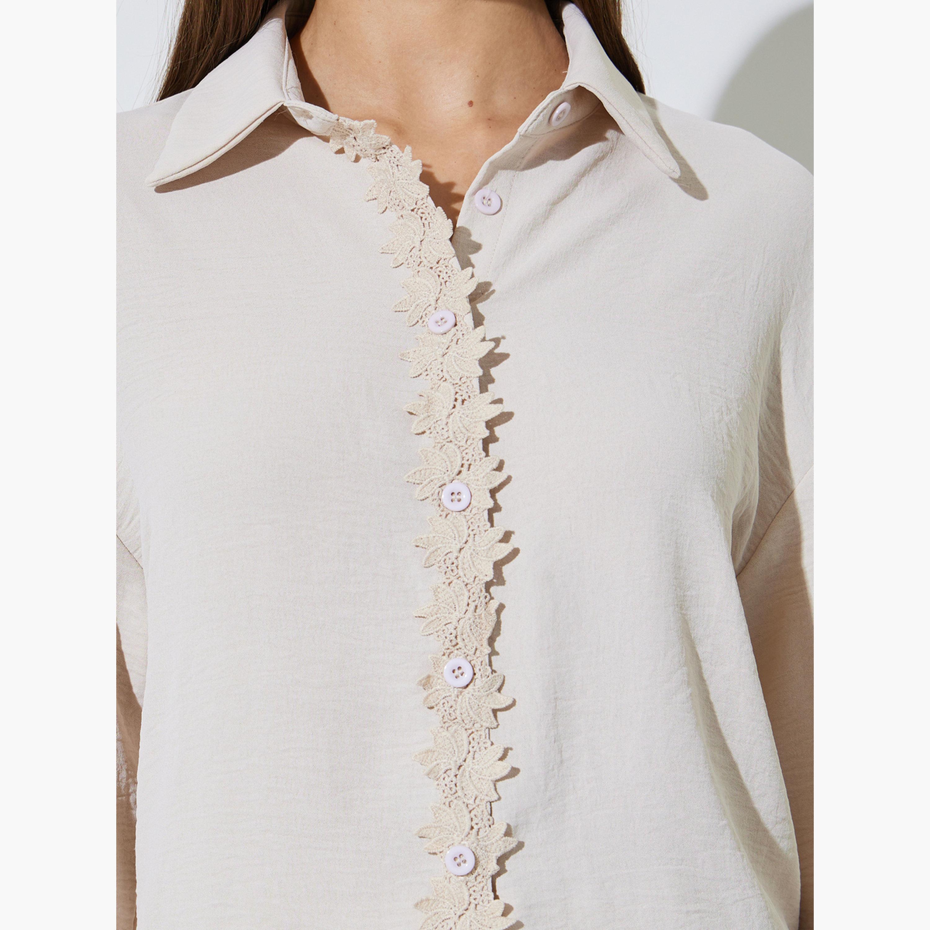 Styli Off White Solid Lace Details Shirt and Wide Leg Pants Set-women-clothing-coordsets-image-5