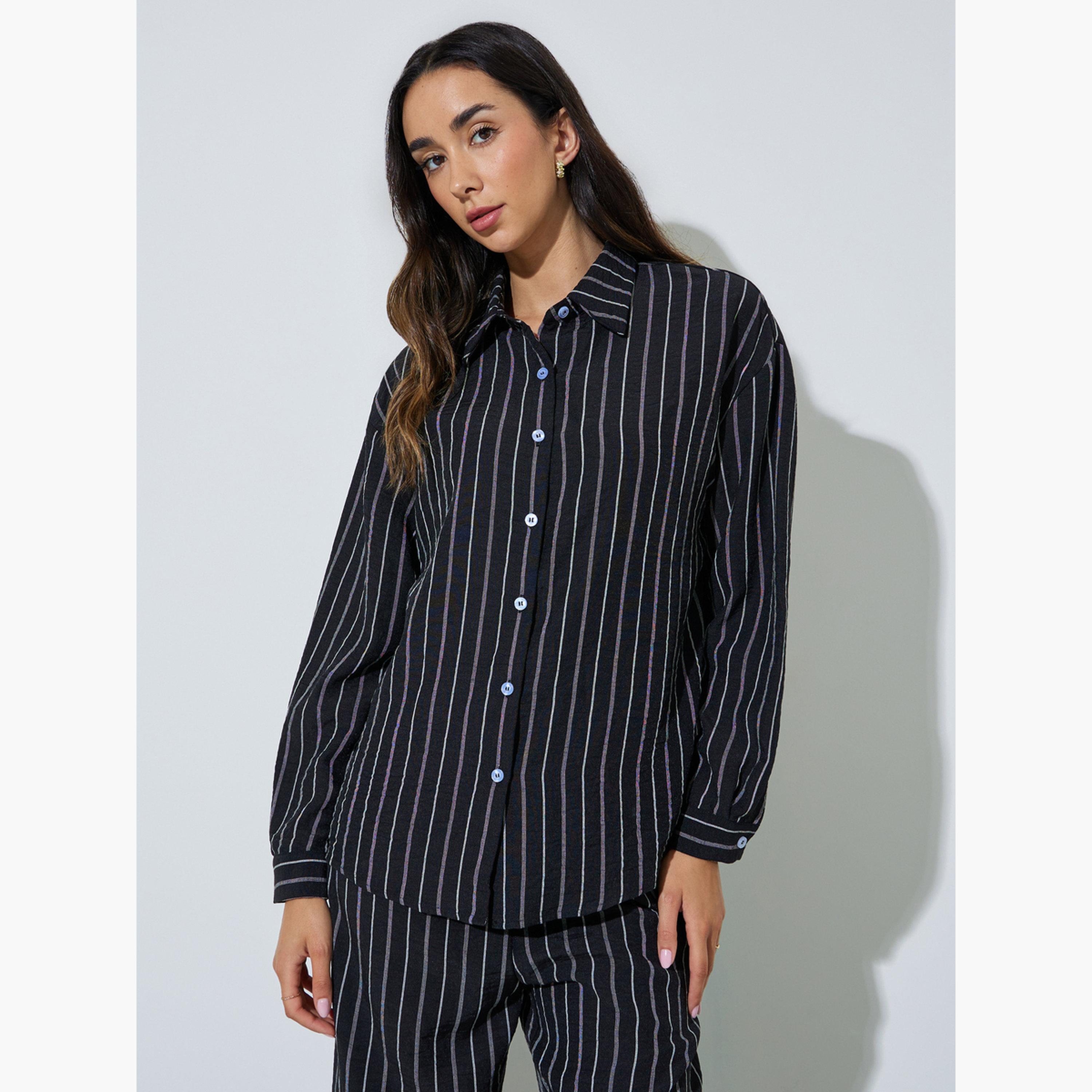 طقم منسق من بنطال وقميص بنقشة خطوط-women-clothing-coordsets-image-2