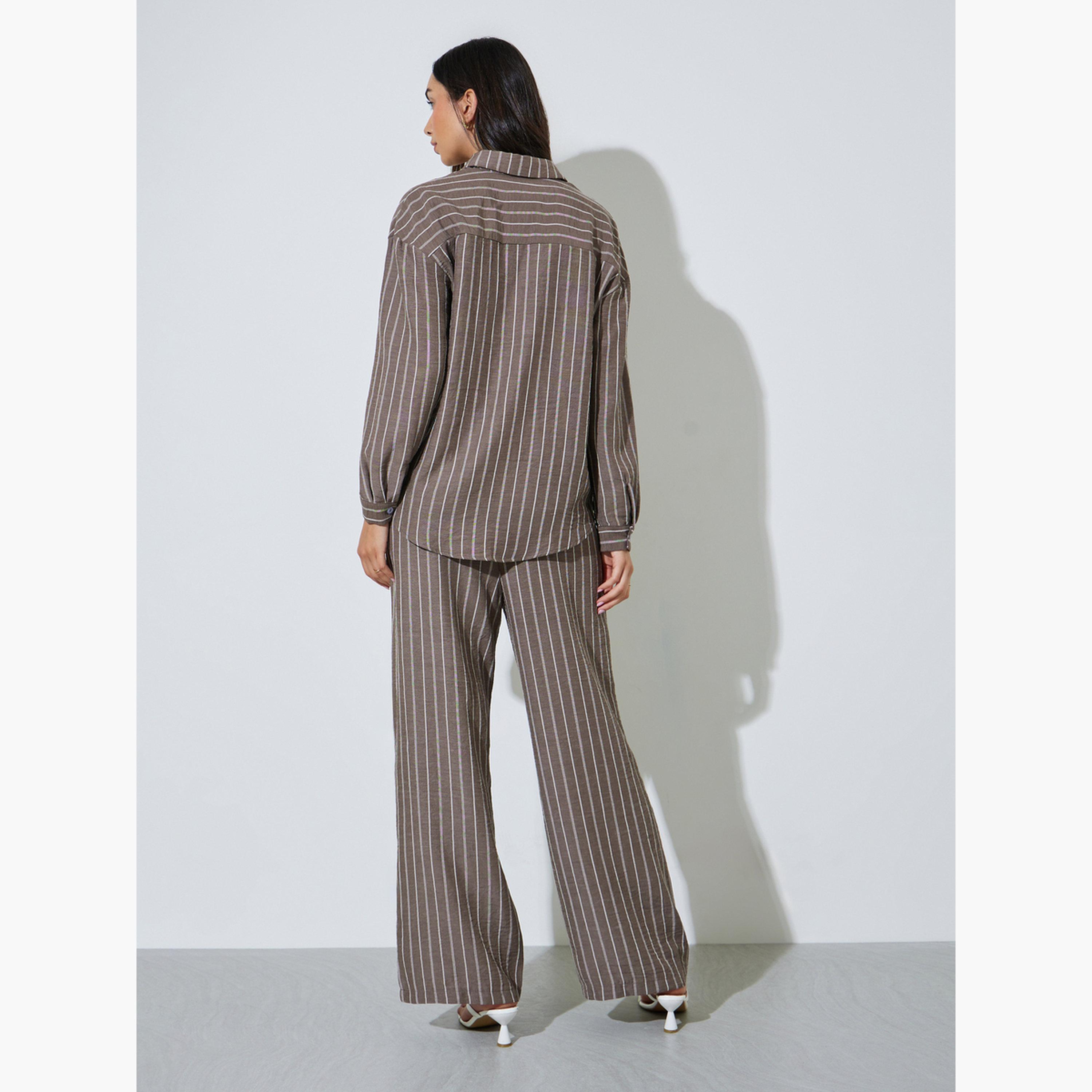 طقم منسق من بنطال وقميص بنقشة خطوط-women-clothing-coordsets-image-3