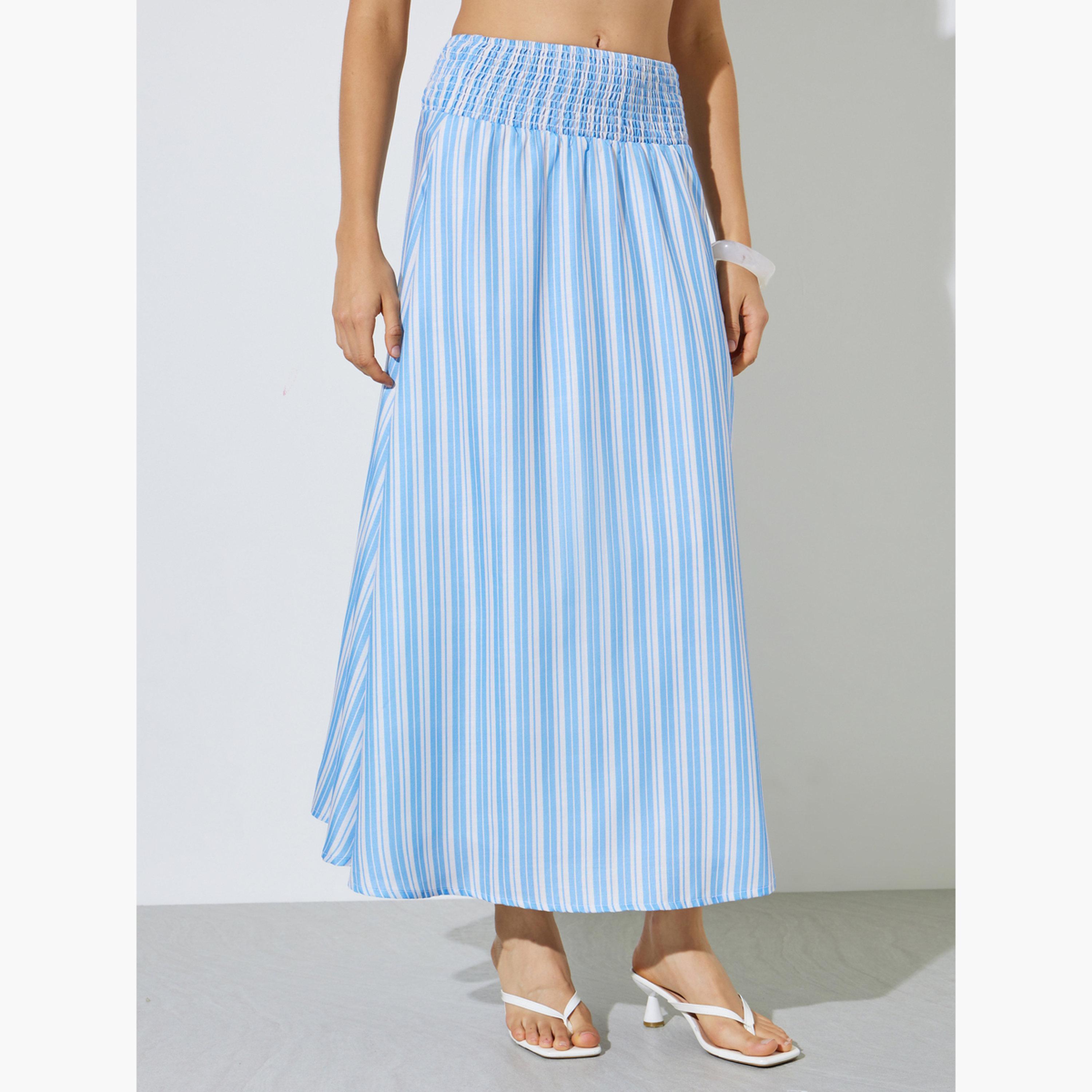 Styli Blue Striped Flared Maxi Skirt-women-clothing-bottoms-skirts-image-1