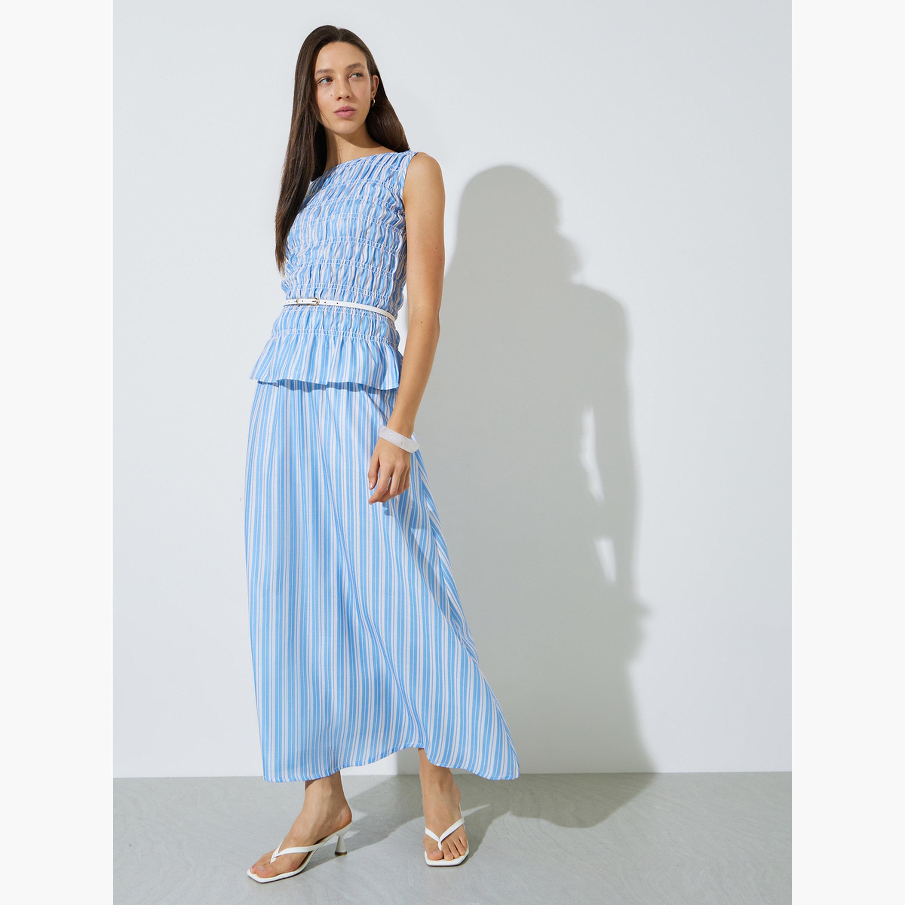 Styli Blue Striped Flared Maxi Skirt-women-clothing-bottoms-skirts-image-2