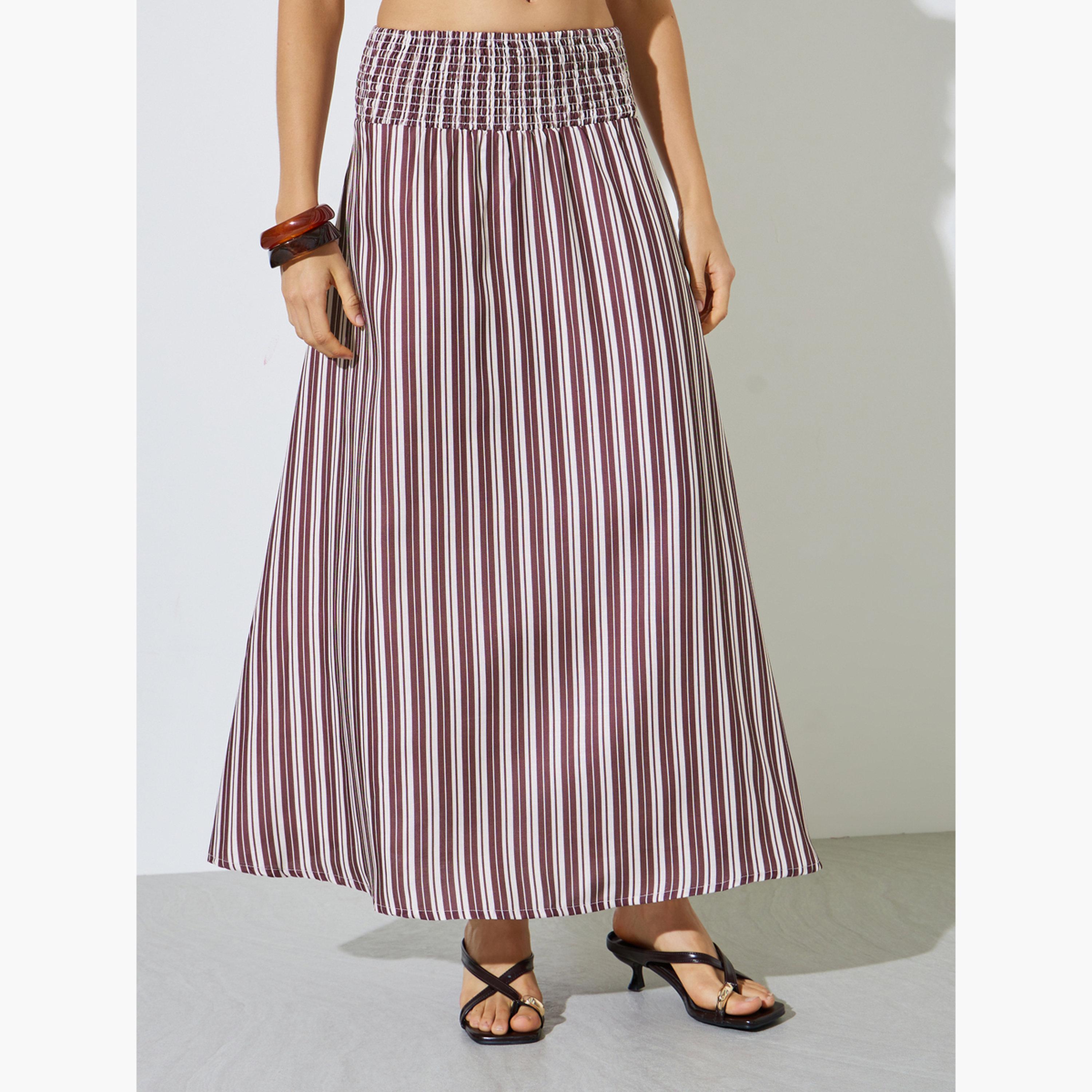 Styli Burgundy Striped Flared Maxi Skirt-women-clothing-bottoms-skirts-image-1