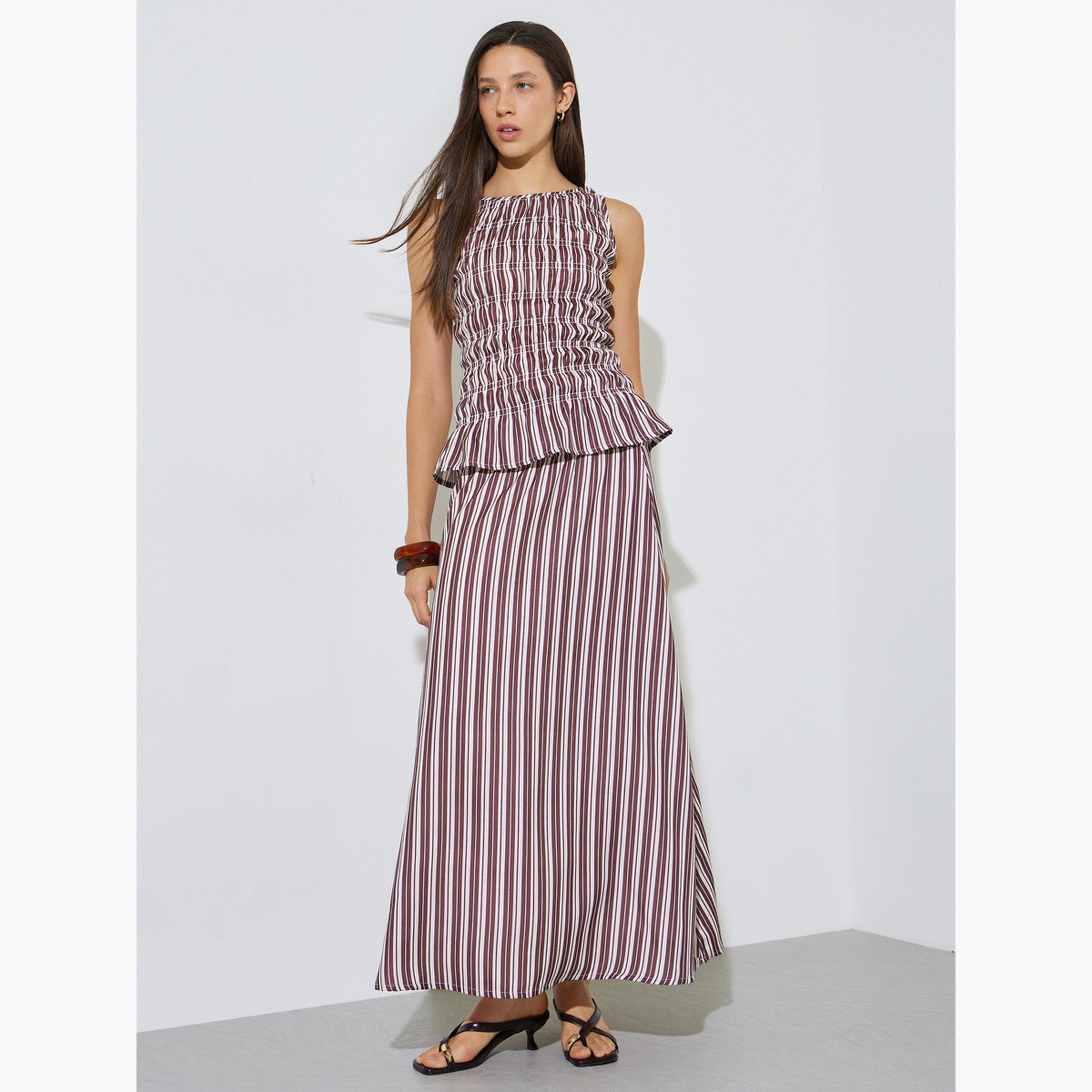 Styli Burgundy Striped Flared Maxi Skirt-women-clothing-bottoms-skirts-image-2