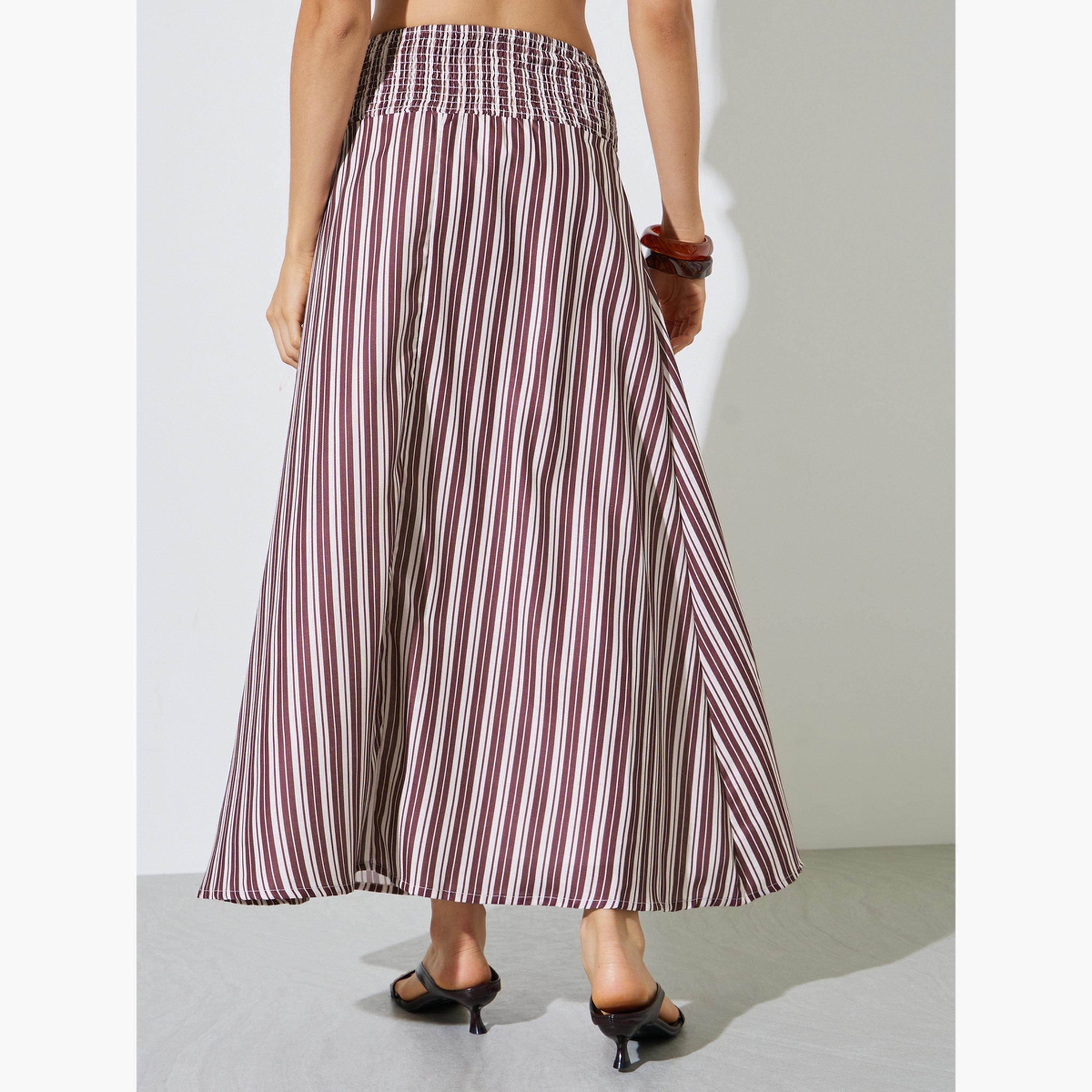 Styli Burgundy Striped Flared Maxi Skirt-women-clothing-bottoms-skirts-image-4