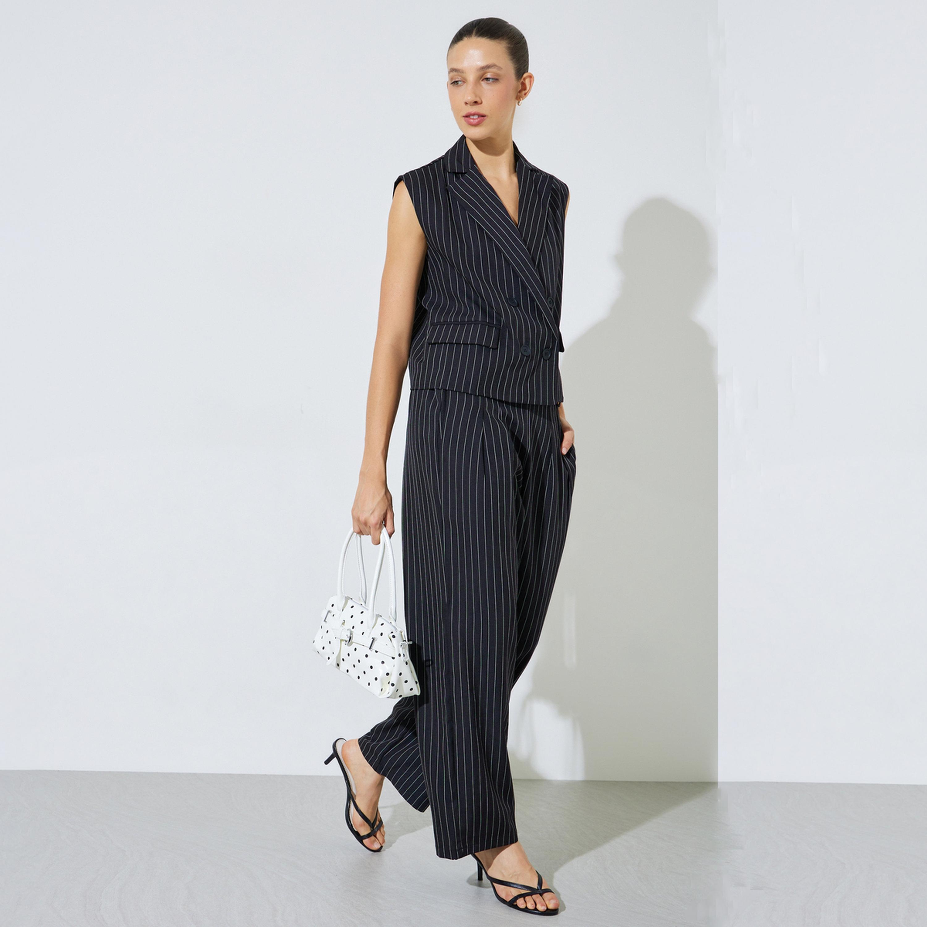 Styli Black Striped Waistcoat and Trousers Co-ord Set-women-clothing-coordsets-image-1