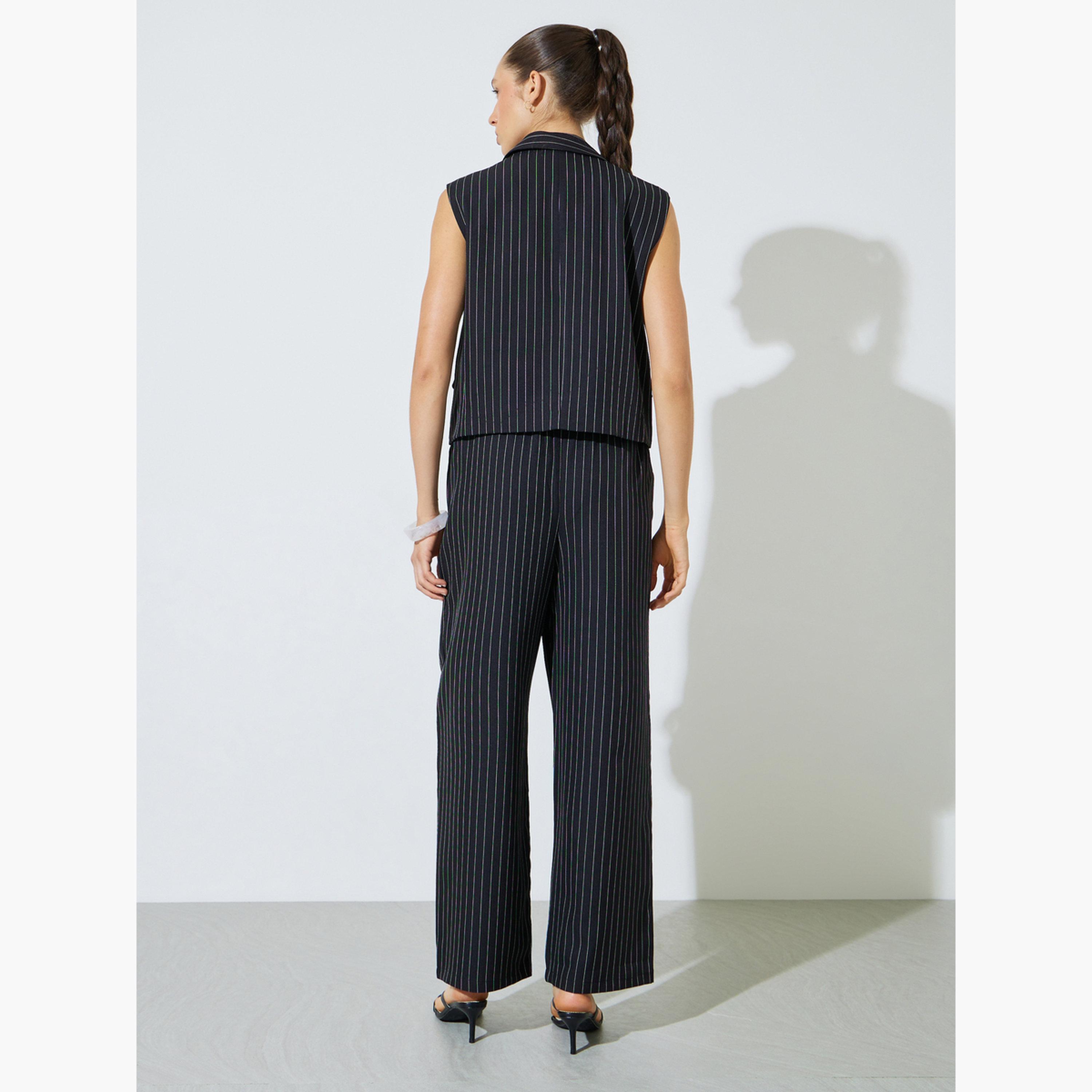Styli Black Striped Waistcoat and Trousers Co-ord Set-women-clothing-coordsets-image-3