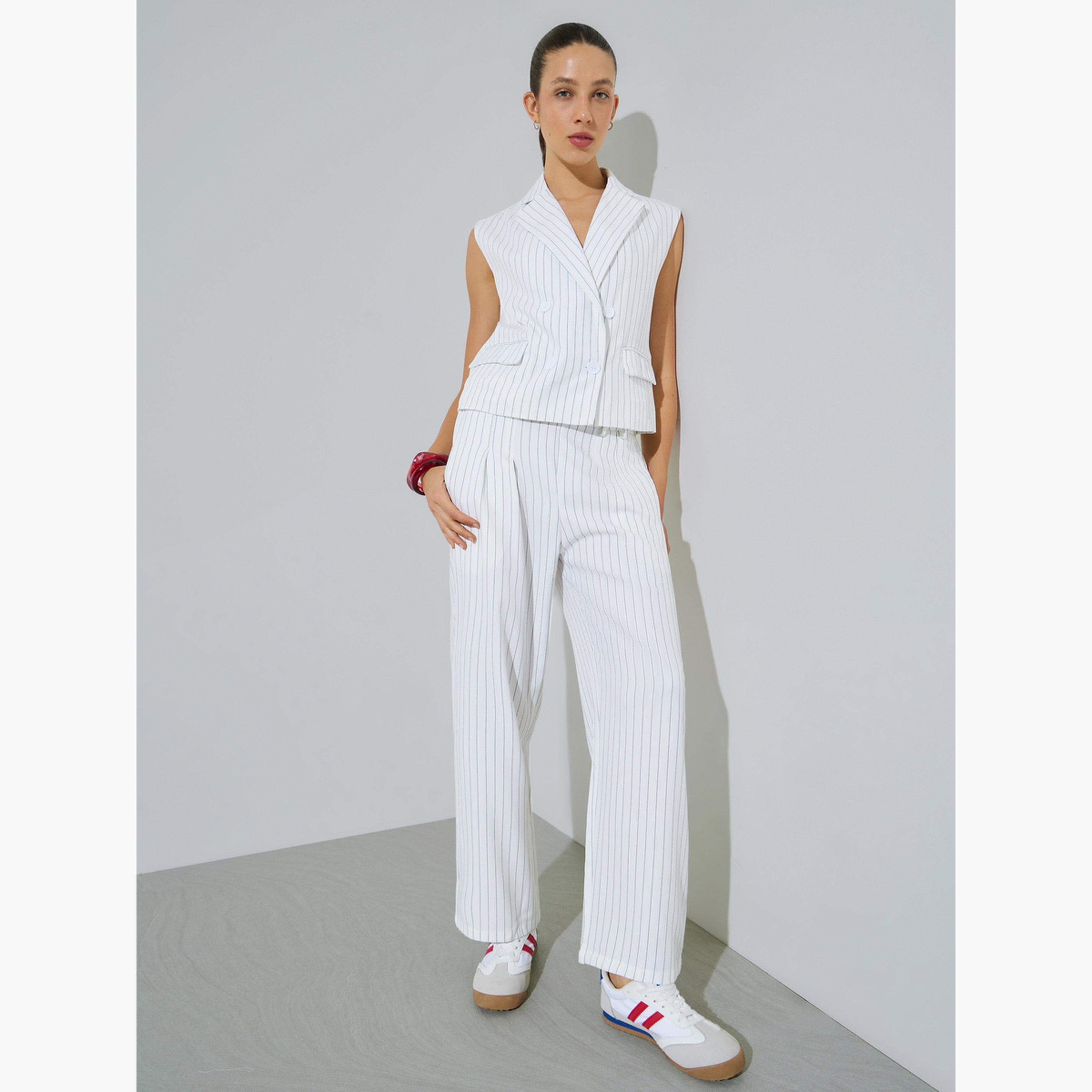 Styli Off White Striped Waistcoat and Trousers Co-ord Set-women-clothing-coordsets-image-1