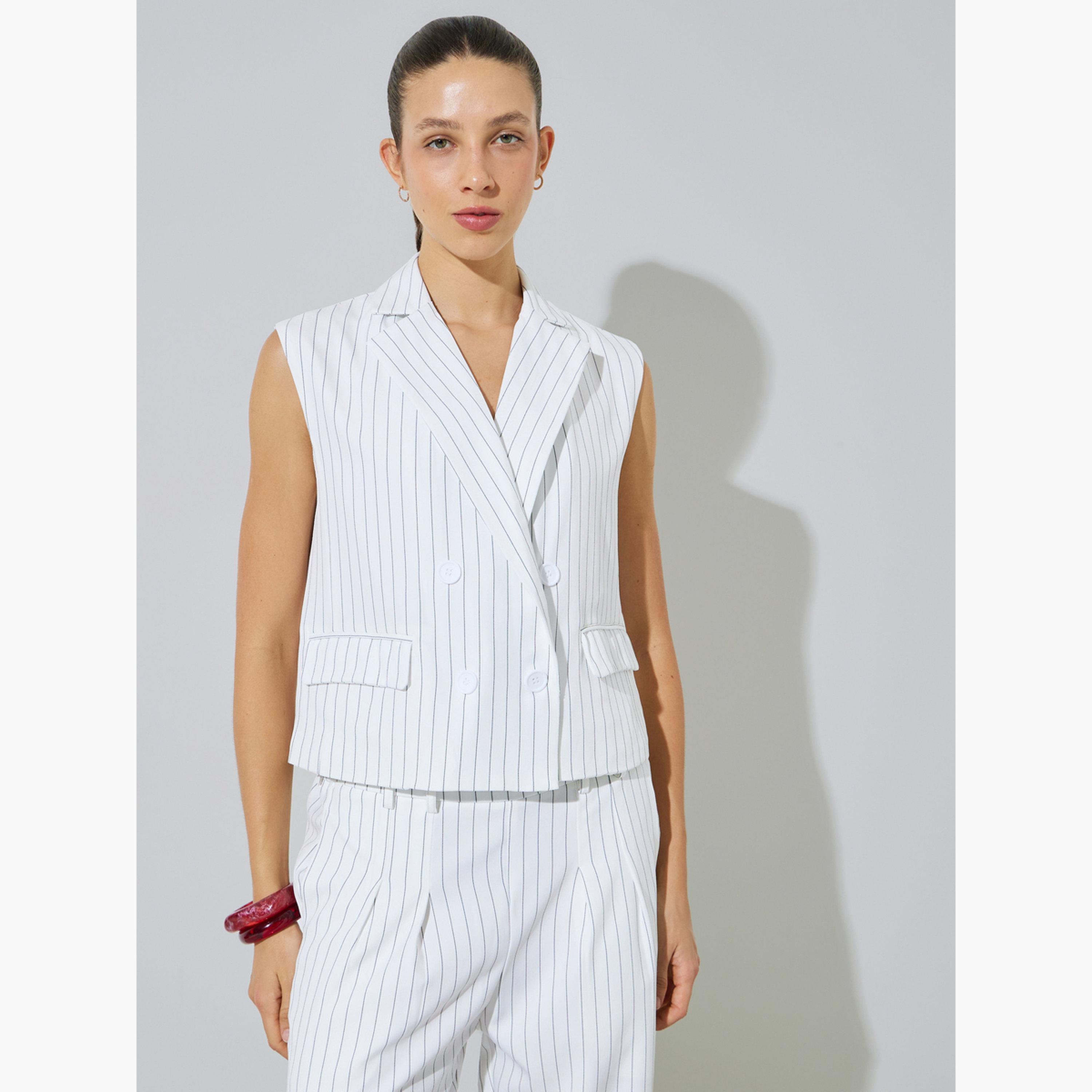 Styli Off White Striped Waistcoat and Trousers Co-ord Set-women-clothing-coordsets-image-2