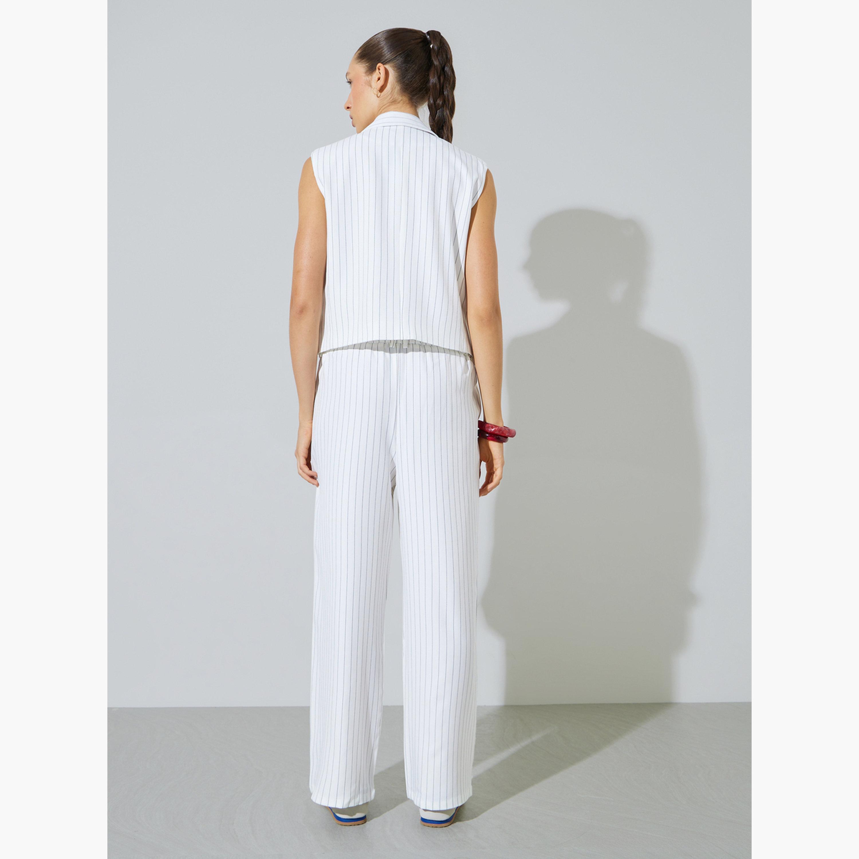 Styli Off White Striped Waistcoat and Trousers Co-ord Set-women-clothing-coordsets-image-3