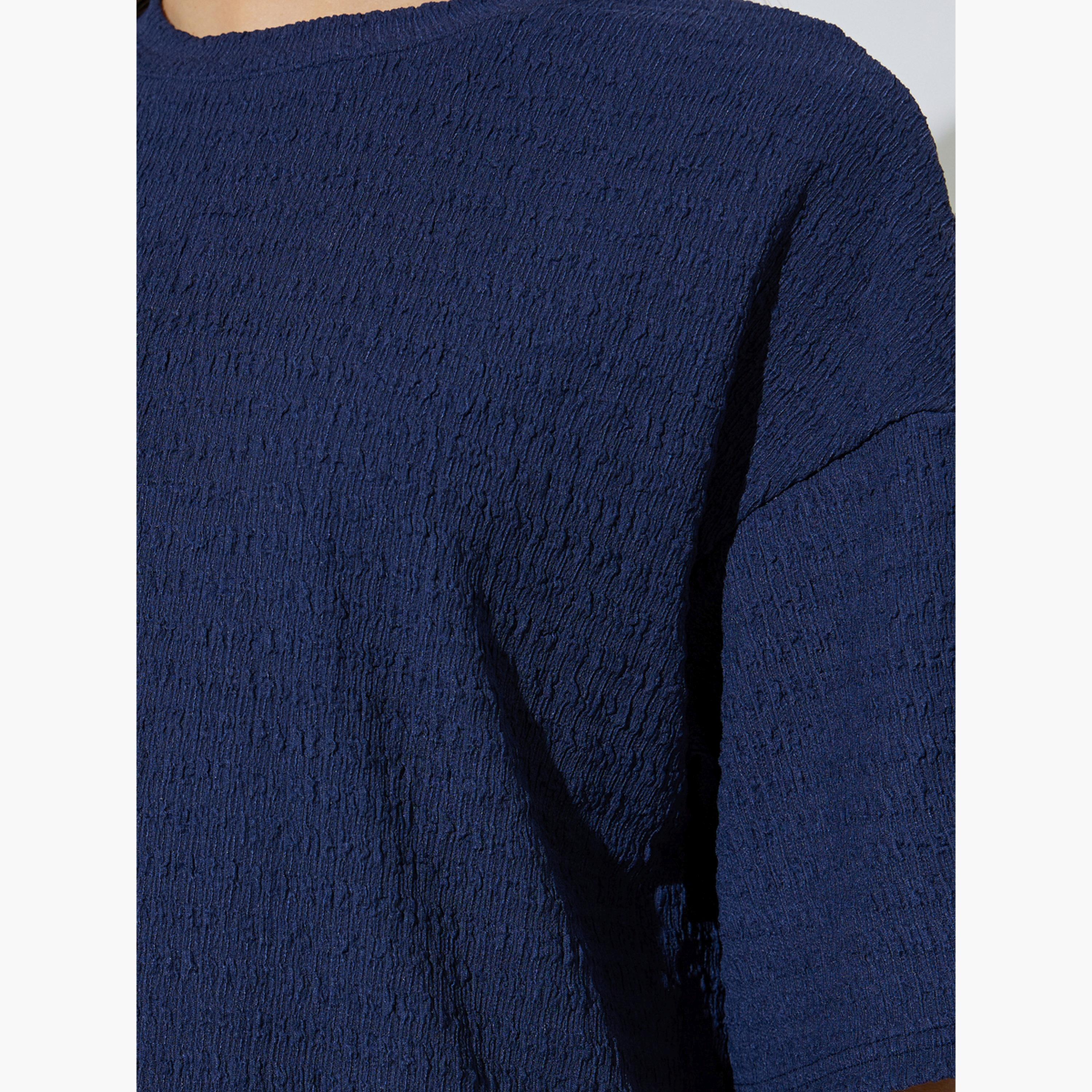 طقم منسق من بنطال بأرجل واسعة وبلوزة بتفاصيل بارزة الملمس-women-clothing-coordsets-image-6
