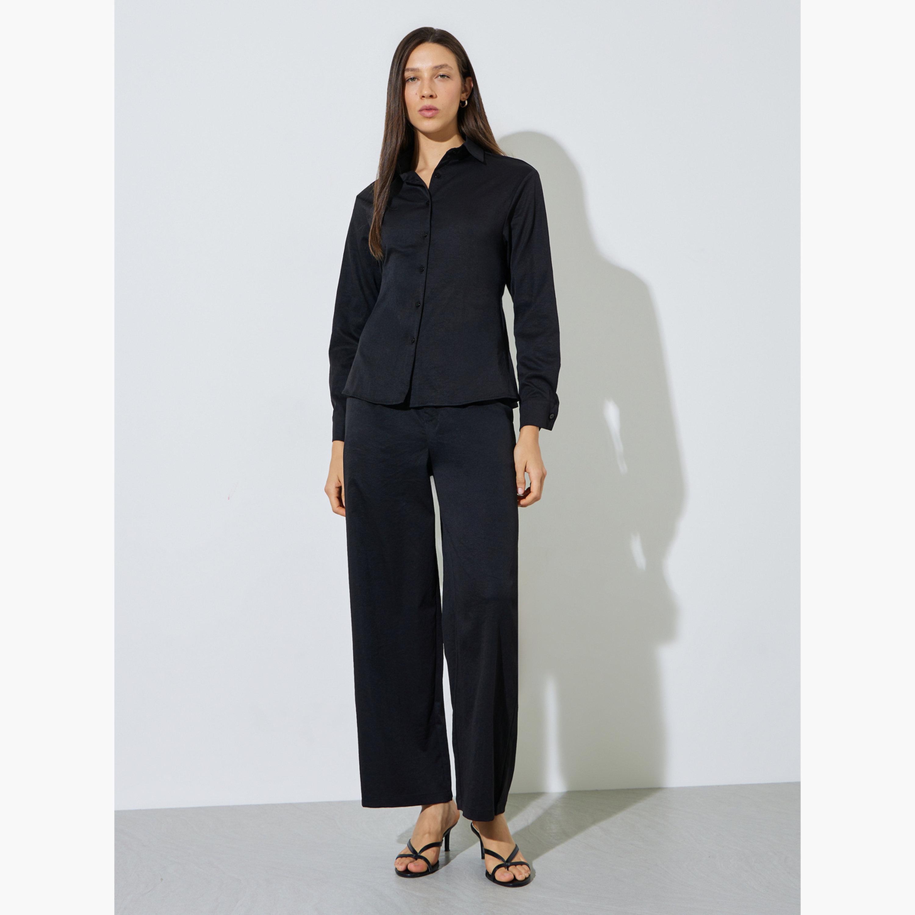 Styli Black Solid Tie-Waist Shirt and Trousers Co-ord Set-women-clothing-coordsets-image-1