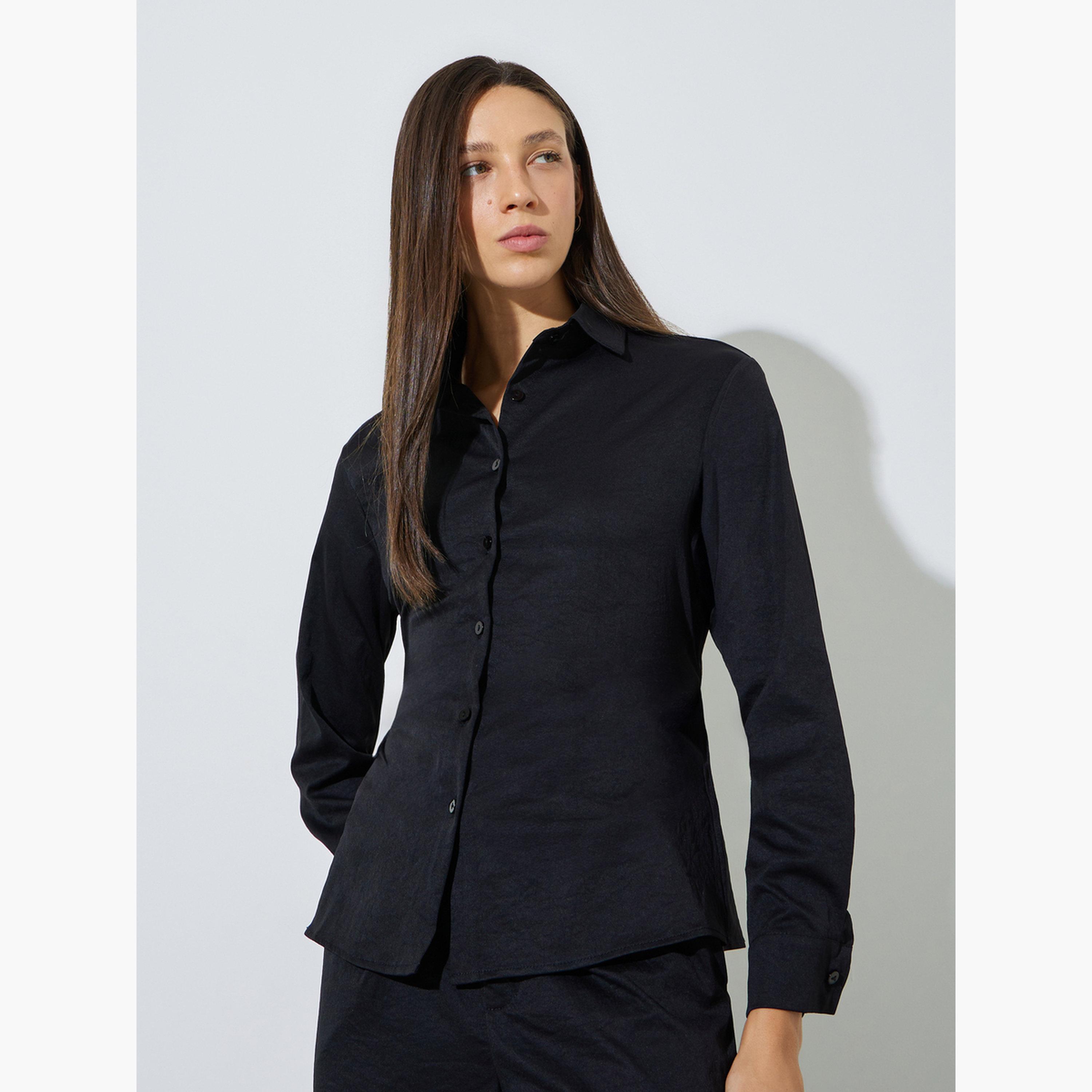 Styli Black Solid Tie-Waist Shirt and Trousers Co-ord Set-women-clothing-coordsets-image-2