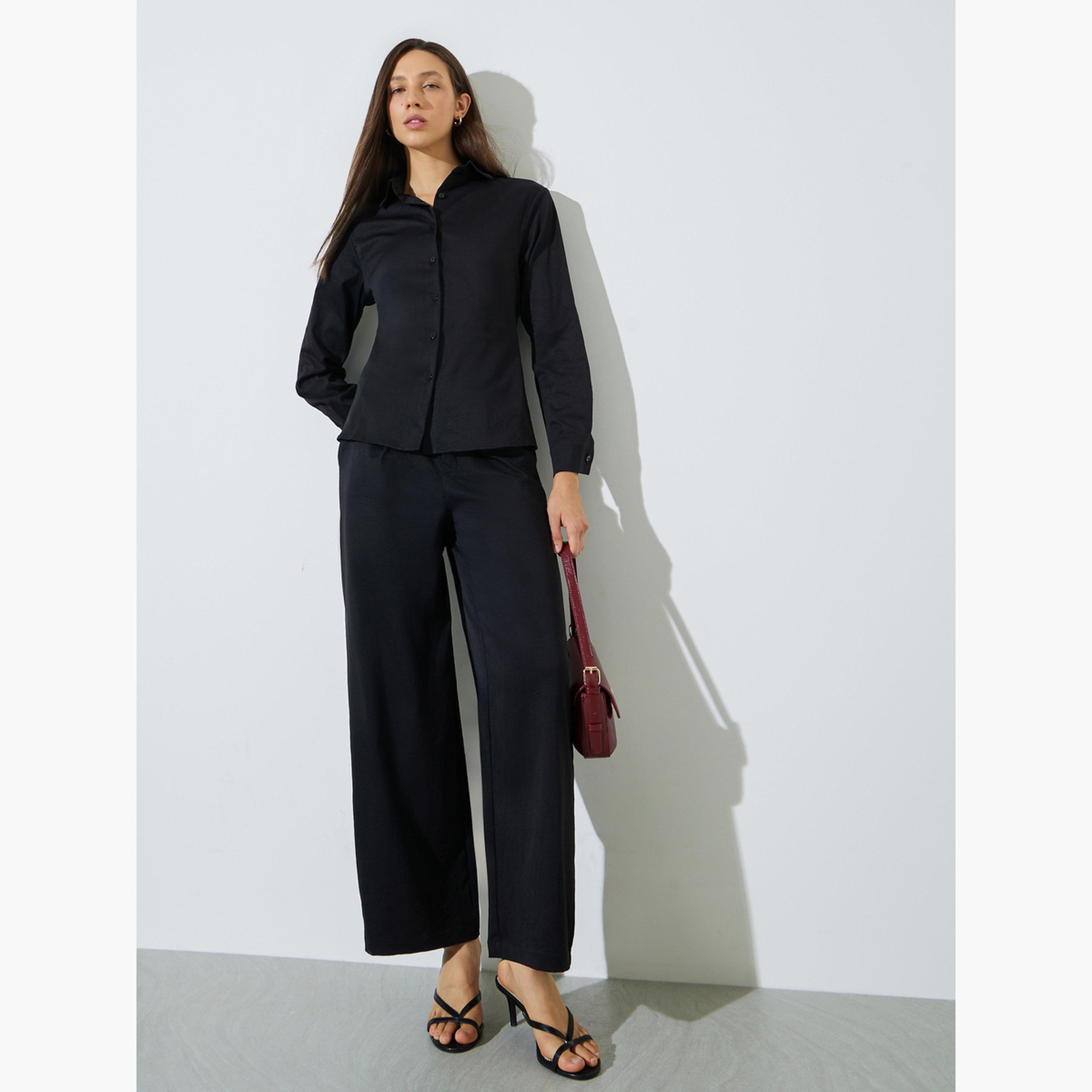 Styli Black Solid Tie-Waist Shirt and Trousers Co-ord Set-women-clothing-coordsets-image-3