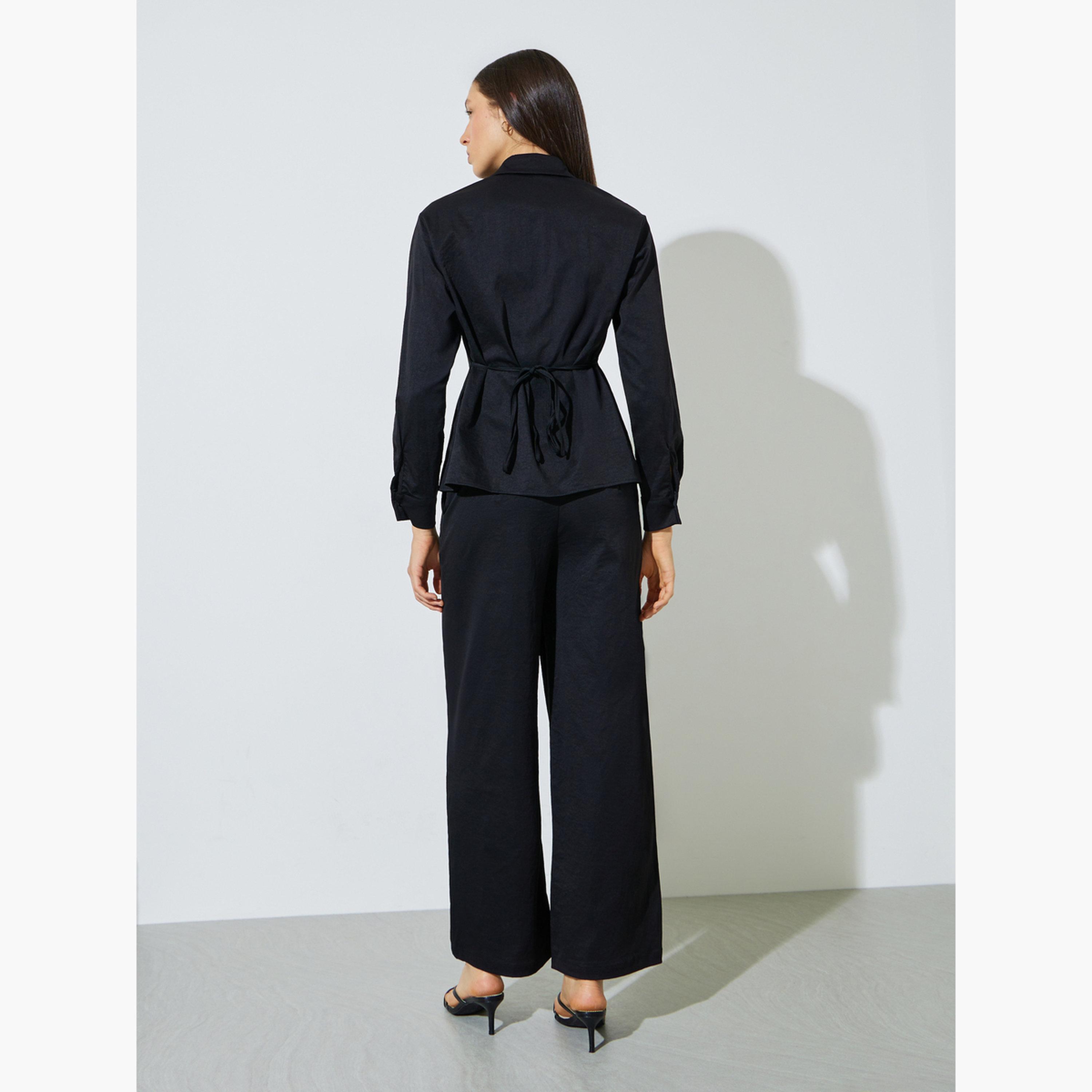 Styli Black Solid Tie-Waist Shirt and Trousers Co-ord Set-women-clothing-coordsets-image-4