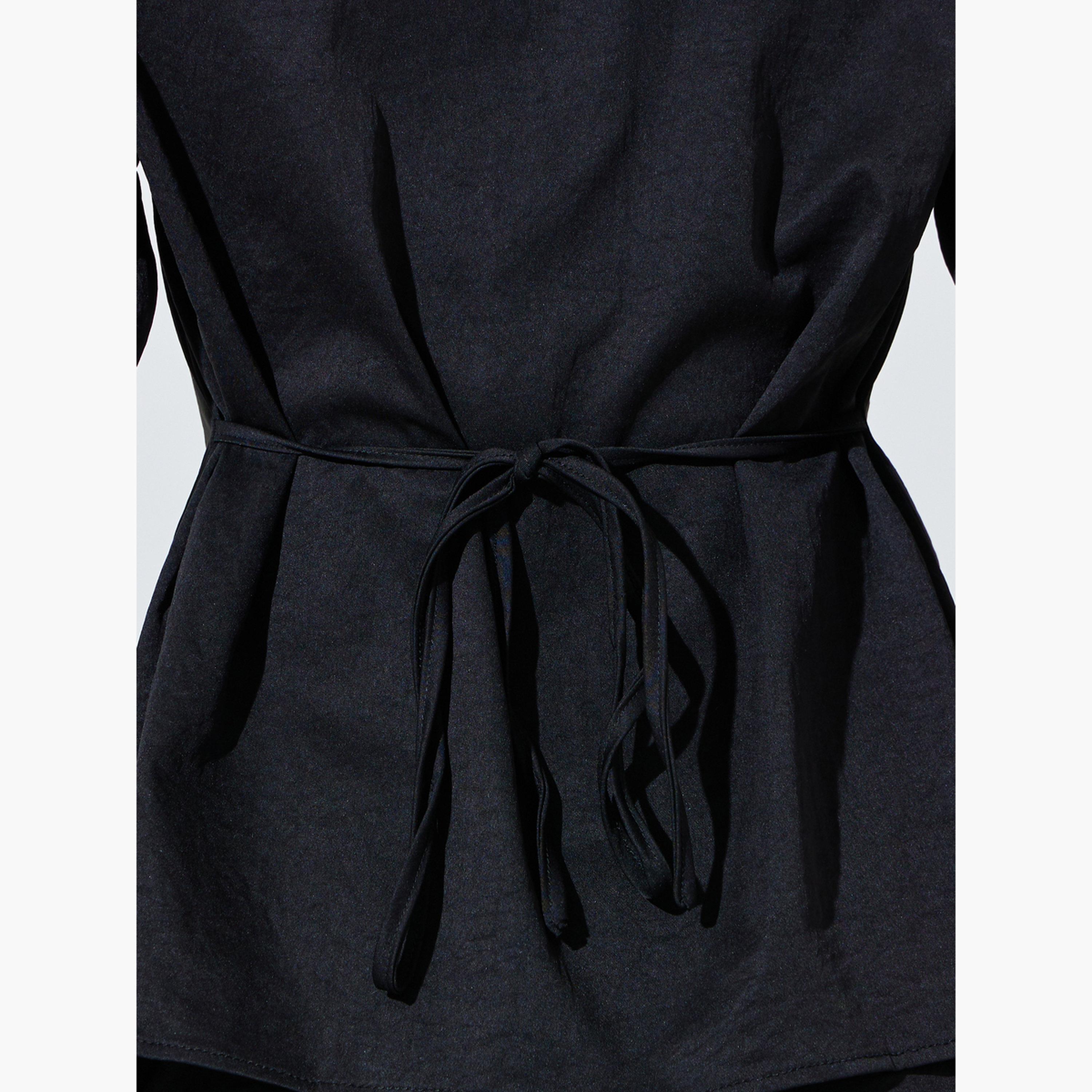 Styli Black Solid Tie-Waist Shirt and Trousers Co-ord Set-women-clothing-coordsets-image-5