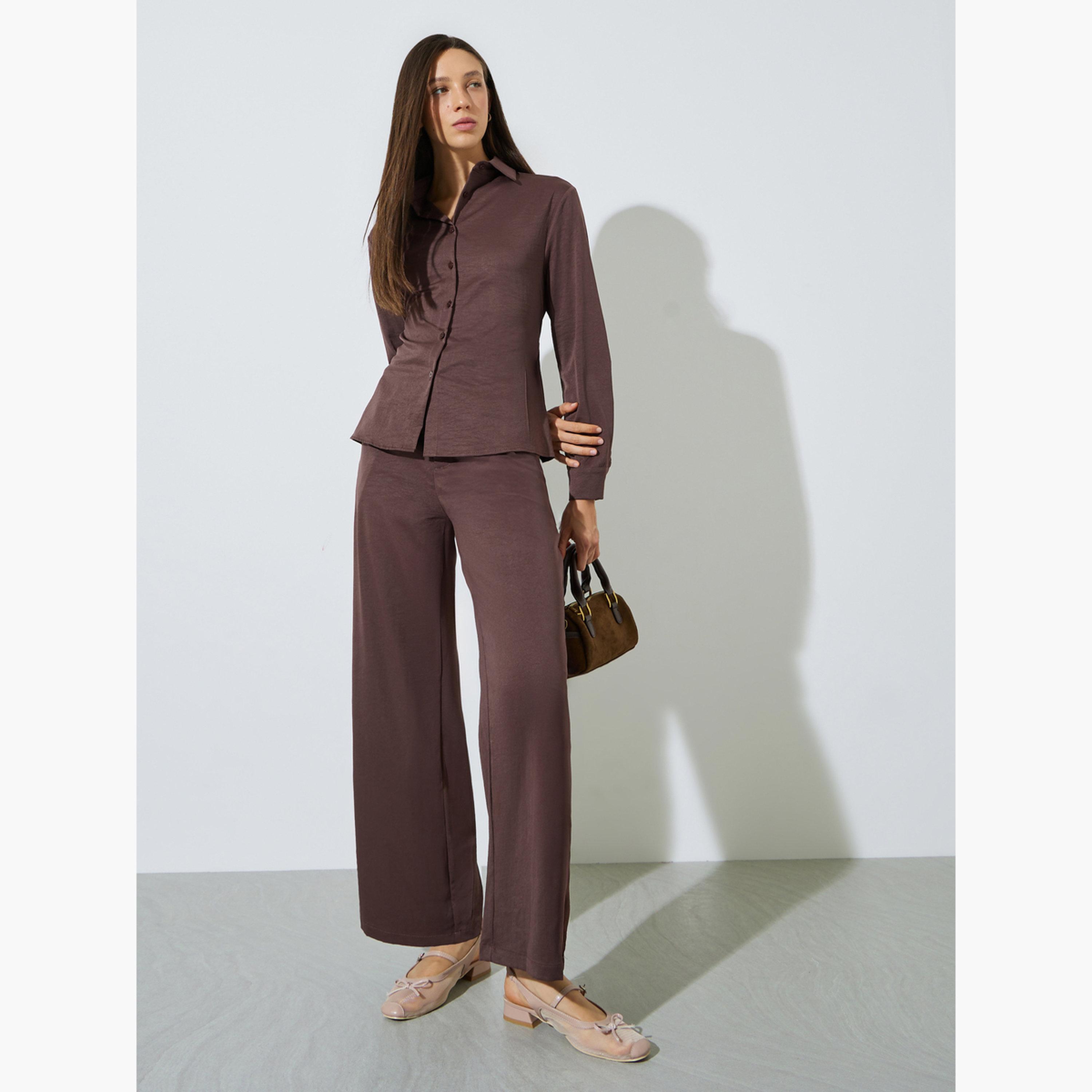 ستايلي - طقم قميص وبنطال بني سادة برباط عند الخصر-women-clothing-coordsets-image-1